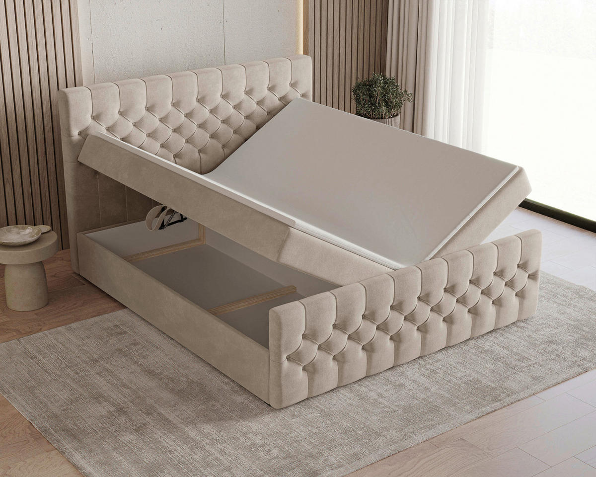 BOXBETT 180/200 cm,  in Beige, Matratze, Topper, H3 = fest  - Beige/Schwarz, KONVENTIONELL, Holz/Kunststoff (180/200cm) - Chameo