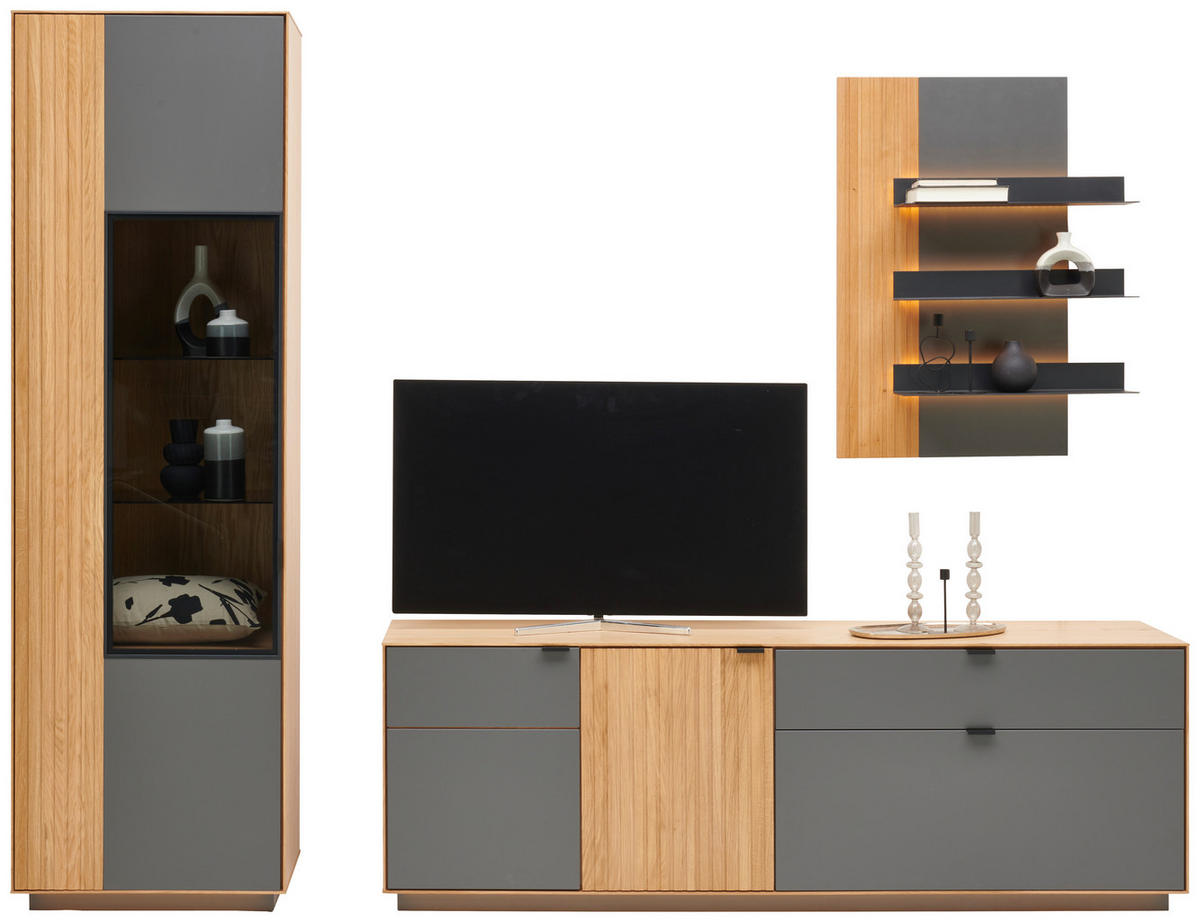 WOHNWAND  in Grau, Eichefarben 250/200/42 cm  - Eichefarben/Schwarz, Natur, Glas/Holz (250/200/42cm) - Linea Natura