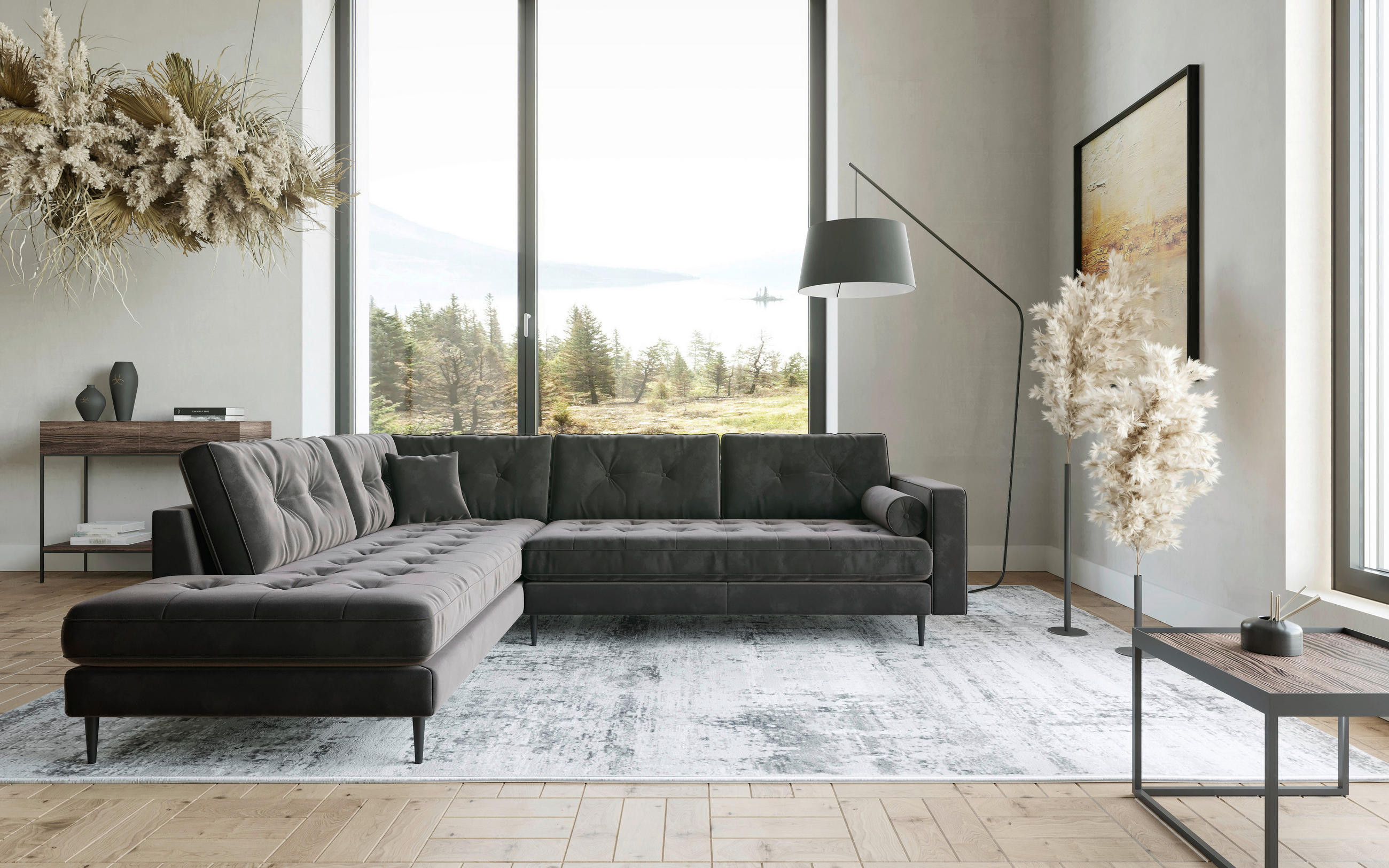 ECKSOFA Scott Anthrazit Flachgewebe  - Edelstahlfarben/Anthrazit, Design, Textil/Metall (259/206cm) - Livetastic