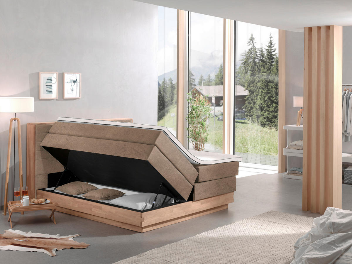 BOXSPRINGBETT 160/200 cm,  in Eichefarben, Beige, Matratze, gepolstertes Kopfteil, Bettkasten, Topper, H3 + H3 = fest  - Eichefarben/Beige, MODERN, Holz/Kunststoff (160/200cm) - MID.YOU