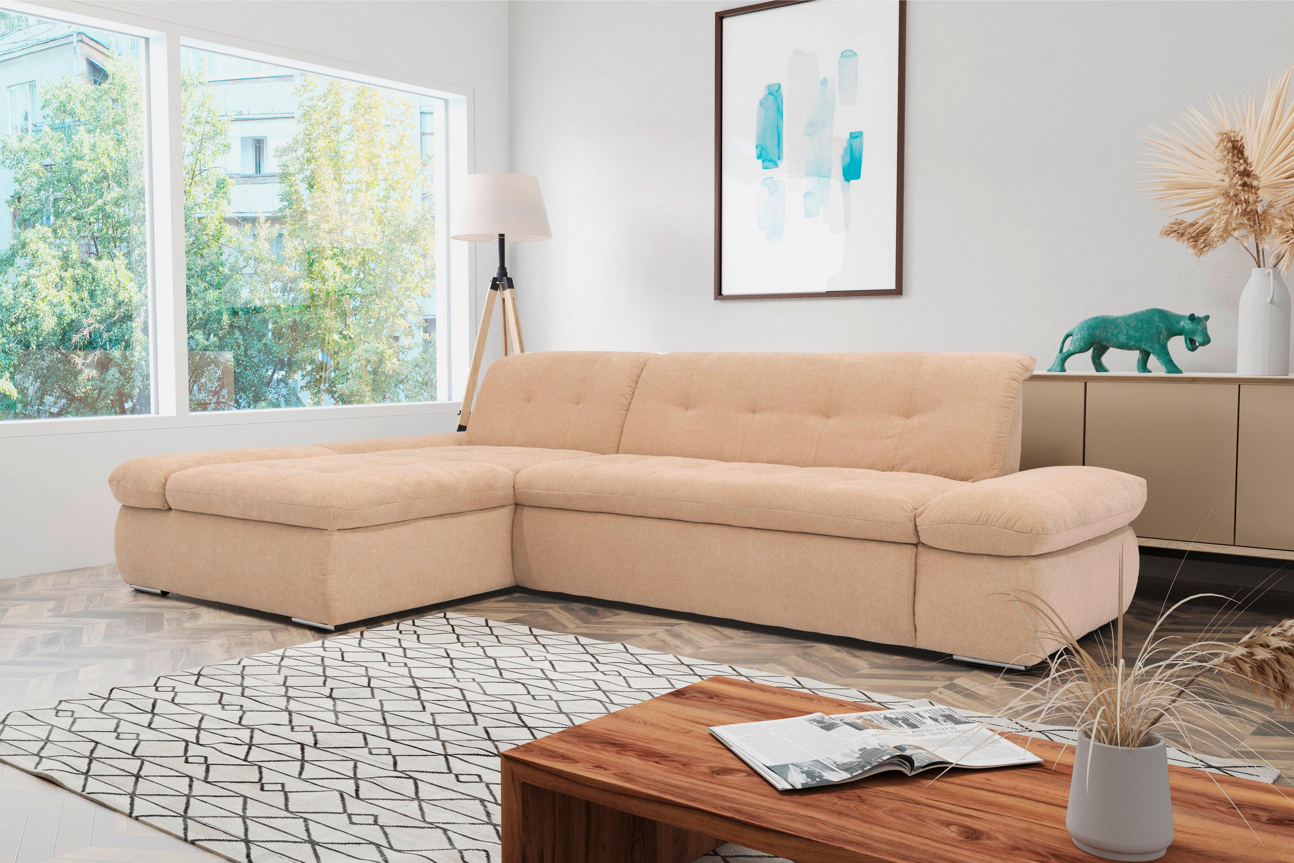 ECKSOFA in Mikrofaser Beige  172/300 cm  - Chromfarben/Beige, KONVENTIONELL, Textil/Metall (172/300cm) - MID.YOU