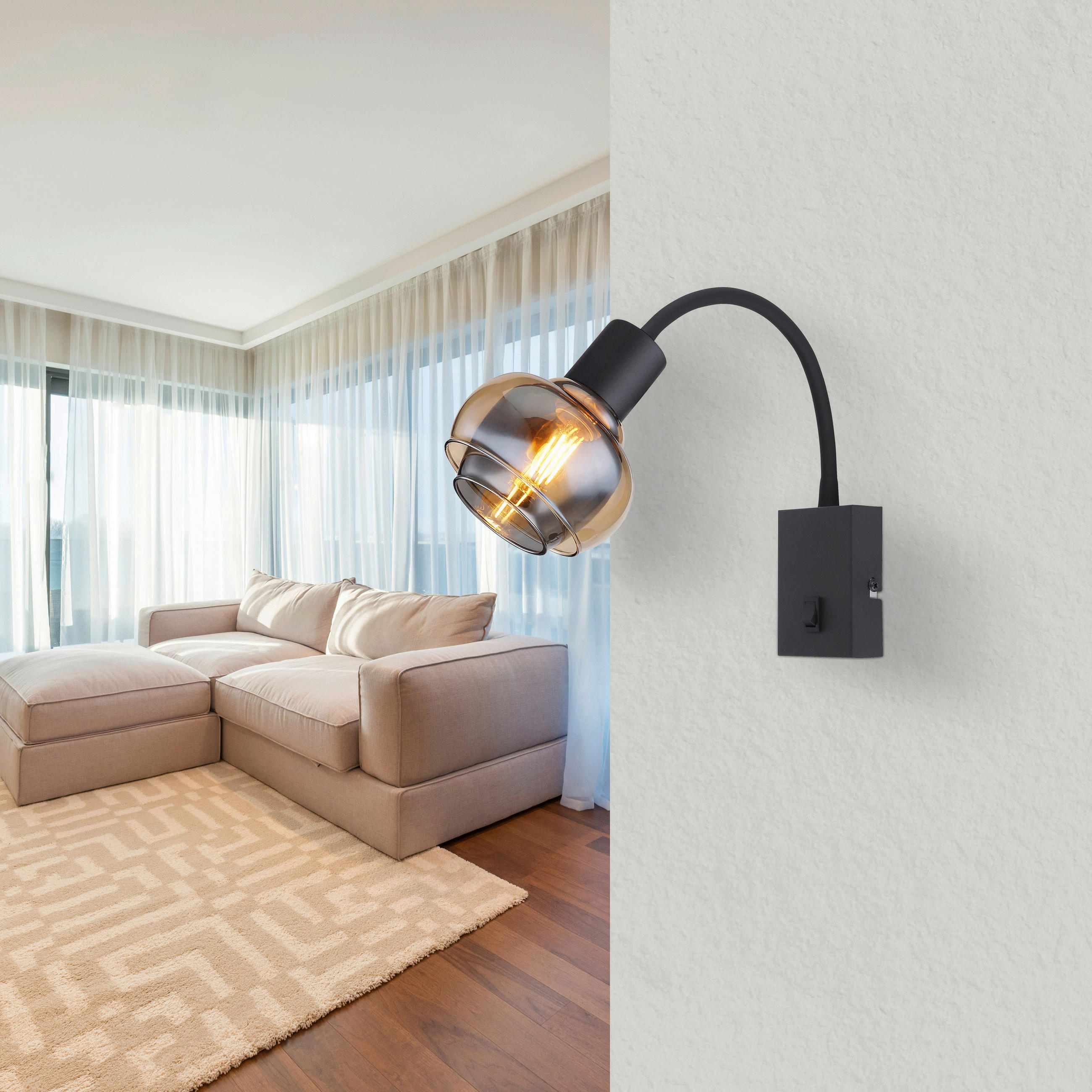 VÄGGLAMPA 10,5/35,5/46,5 cm   - svart, Basics, metall/glas (10,5/35,5/46,5cm) - Globo
