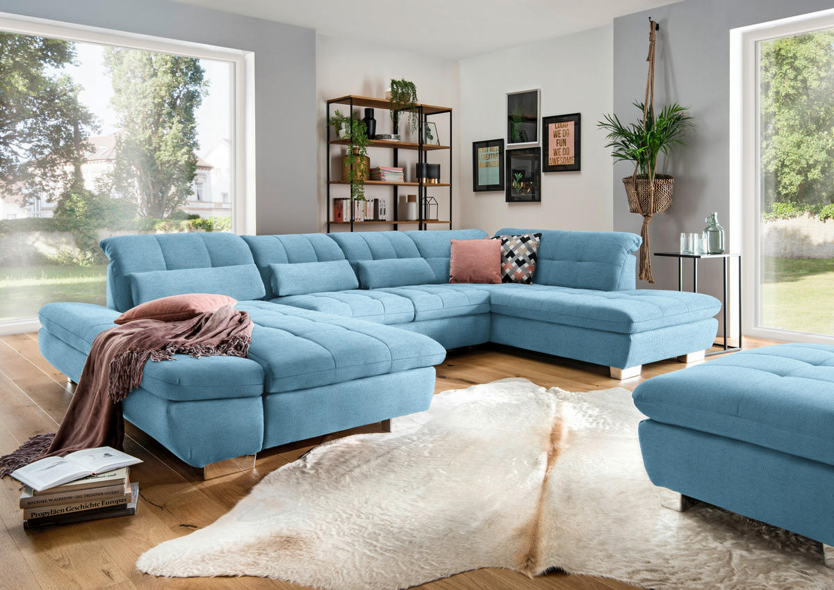 WOHNLANDSCHAFT in Mikrofaser Pastellblau  - Chromfarben/Pastellblau, Design, Kunststoff/Textil (204/350/211cm) - Xora