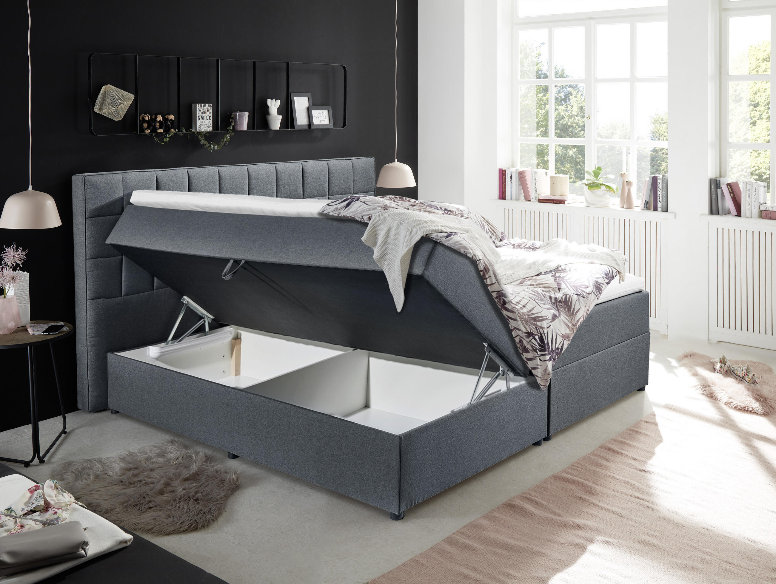 Thumbnail - Mid.you Boxbett, Anthrazit, Textil, H2, 9-Zonen, Höhe ca. 20 cm, 180x200 cm, Bettkasten, gepolstertes Kopfteil, Topper d...