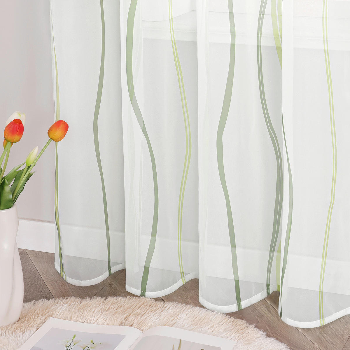 FERTIGVORHANG  transparent  140/175 cm   - Weiß Hochglanz/Grün, Basics, Textil (140/175cm) - Joyswahl