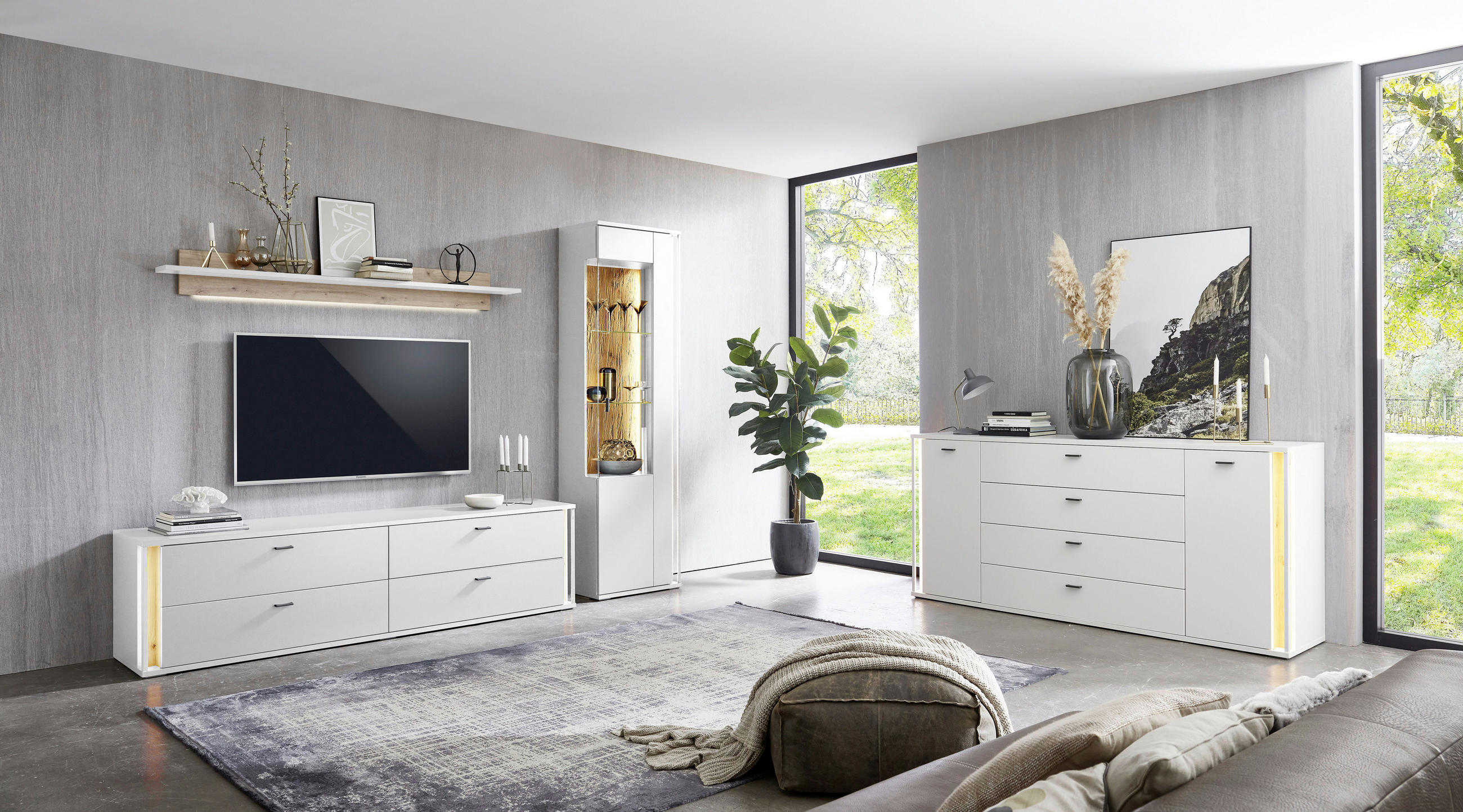 WOHNWAND  in Weiß, Eiche Artisan  275/207,5/44,2 cm  - Dunkelgrau/Weiß, Design, Glas/Holzwerkstoff (275/207,5/44,2cm) - Stylife