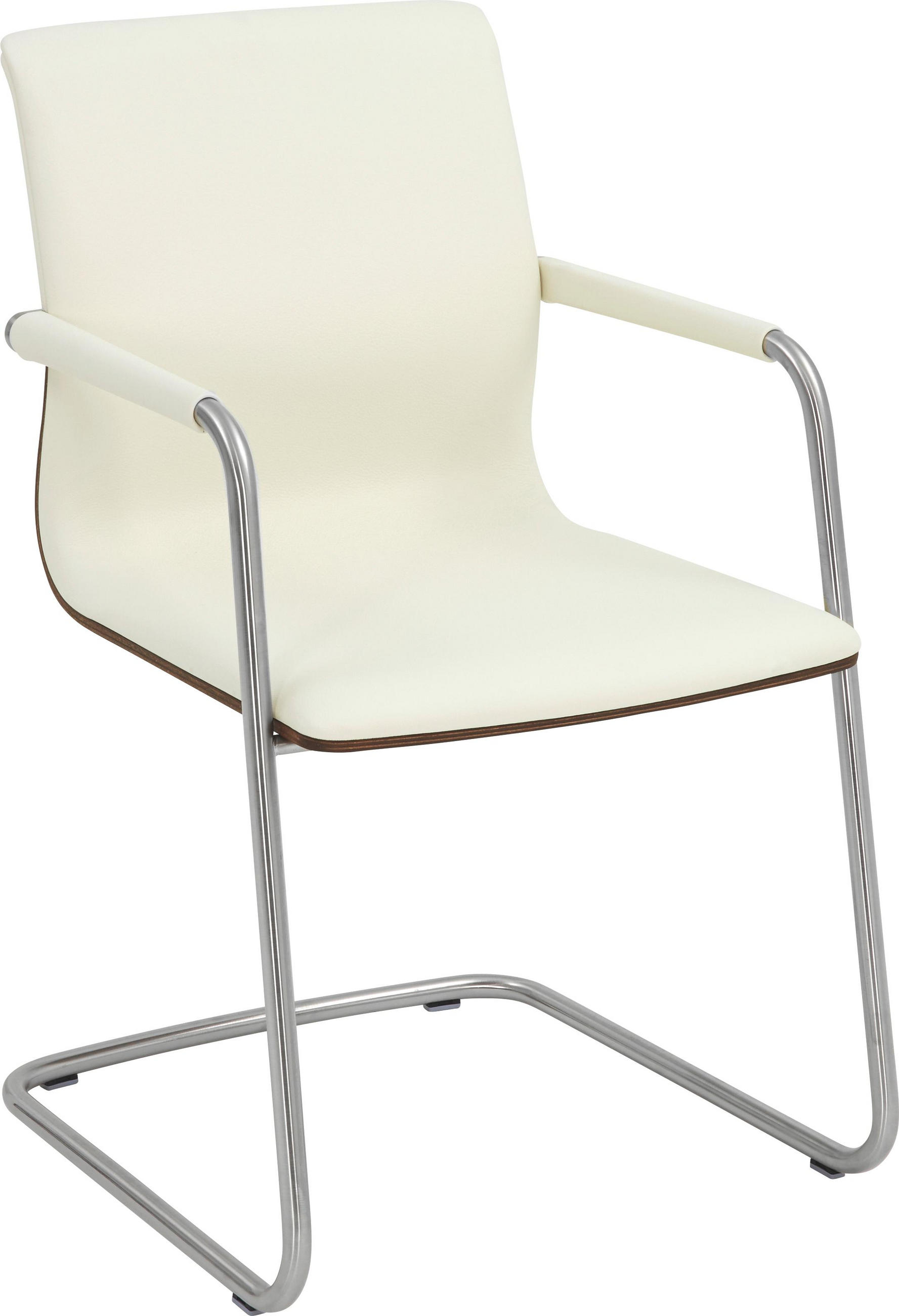 Armlehnstuhl in Weiß, Nussbaumfarben, Edelstahlfarben