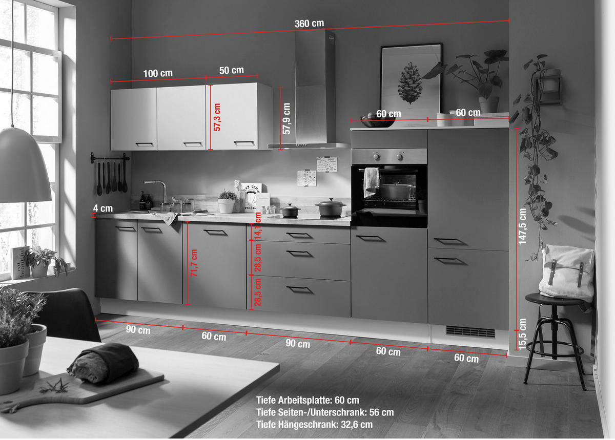 KÜCHENLEERBLOCK 362,2 cm   Eichefarben, Hellgrau, Dunkelgrün  - Dunkelgrün/Eichefarben, Basics, Holzwerkstoff/Metall (362,2cm) - Impuls