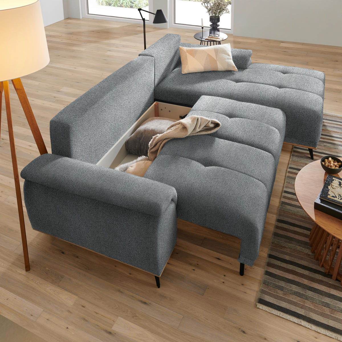 ECKSOFA in Chenille Anthrazit  - Anthrazit/Schwarz, Modern, Textil/Metall (262/168cm) - home24