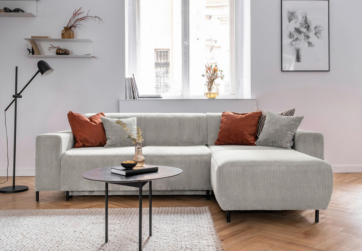 ECKSOFA in Cord Beige  - Beige/Schwarz, Textil/Metall (260/165cm) - MID.YOU