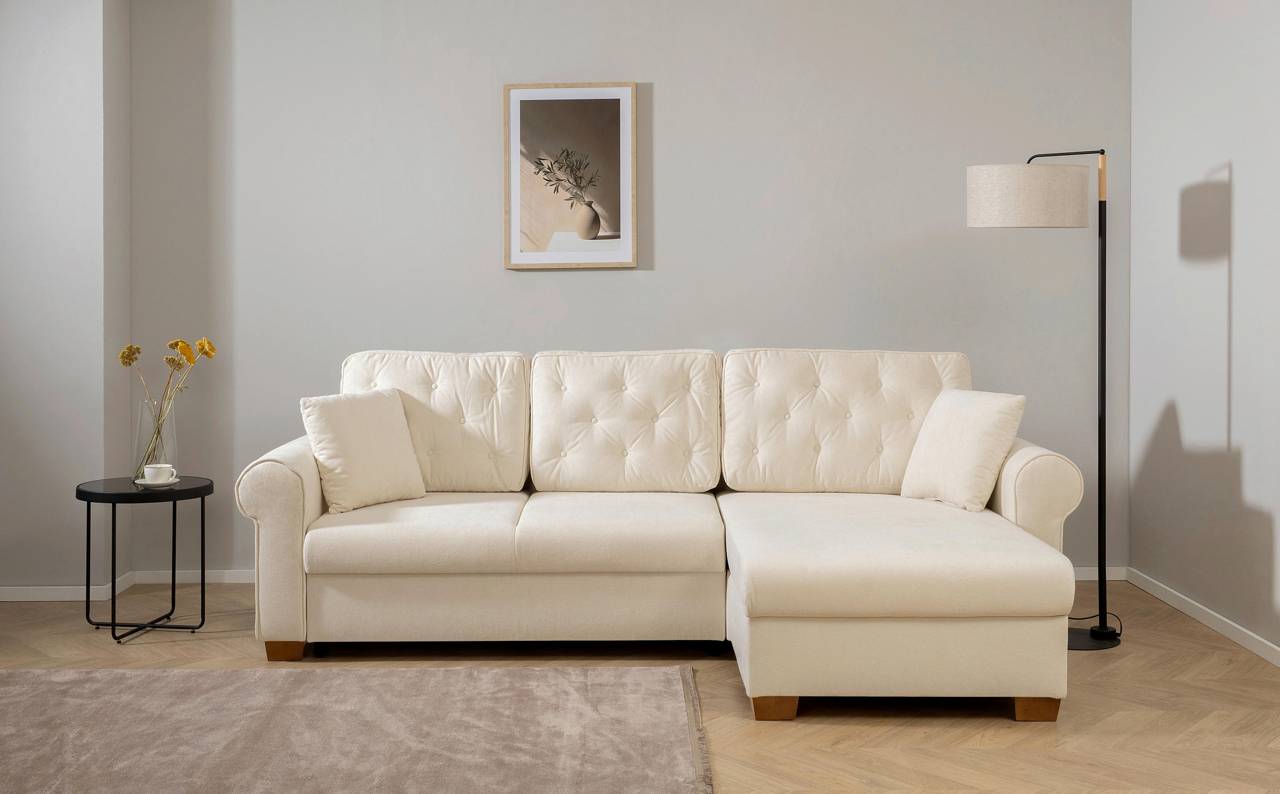 ECKSOFA in Creme  - Buchefarben/Creme, Design, Holz/Textil (266/161cm) - MID.YOU