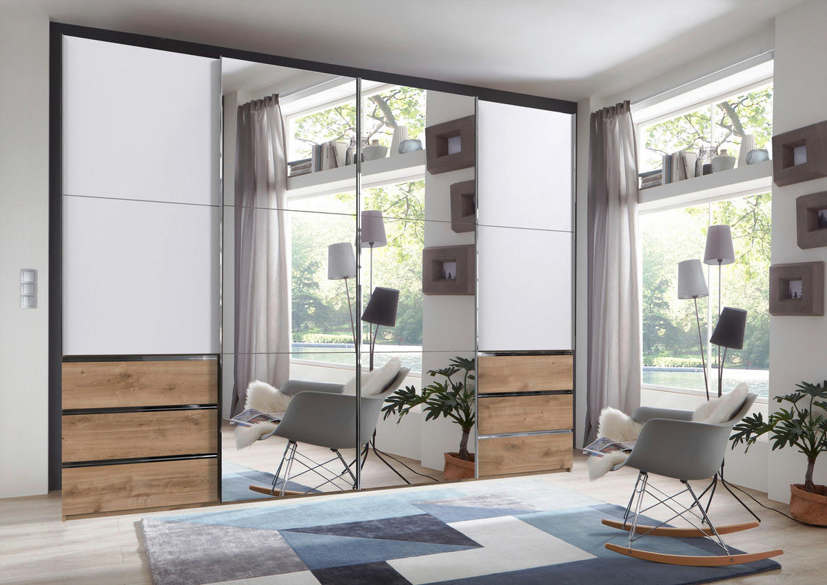 SCHWEBETÜRENSCHRANK 300/236/65 cm 4-türig Weiß, Plankeneiche  - Chromfarben/Plankeneiche, MODERN, Glas/Holzwerkstoff (300/236/65cm) - MID.YOU