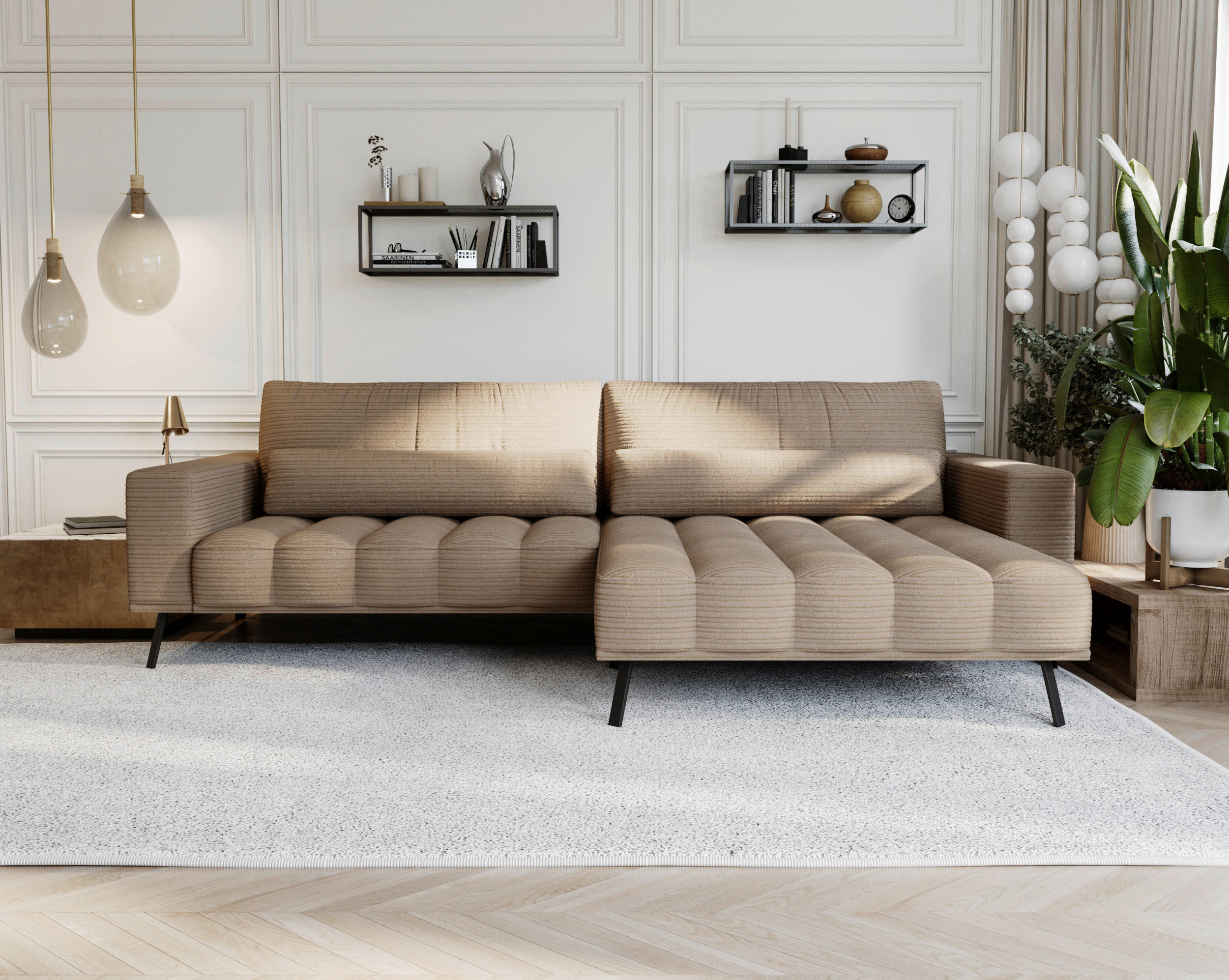 ECKSOFA Braun Cord  - Schwarz/Braun, Design, Textil/Metall (291/204cm) - Lomoco