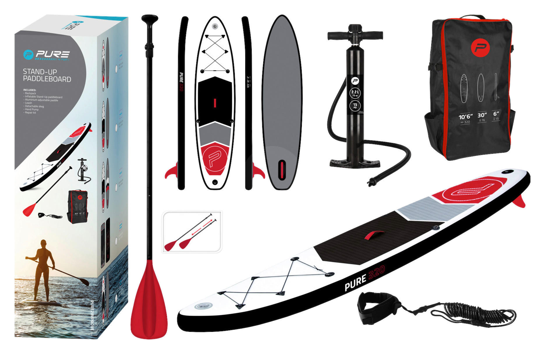 Stand Up Paddle Aufblasbar Pure Grau/Rot/Schwarz/Weiß