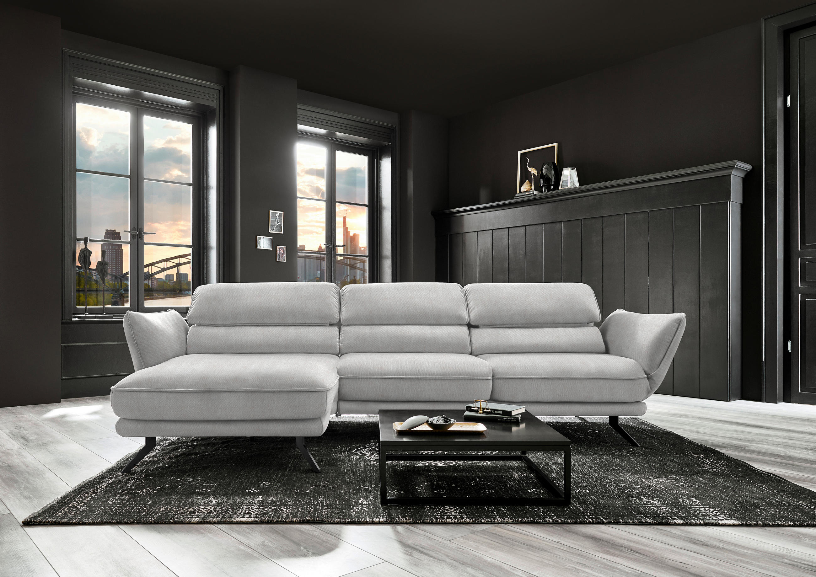 ECKSOFA in Velours Creme  - Creme/Schwarz, Design, Textil/Metall (153/283cm) - Hukla