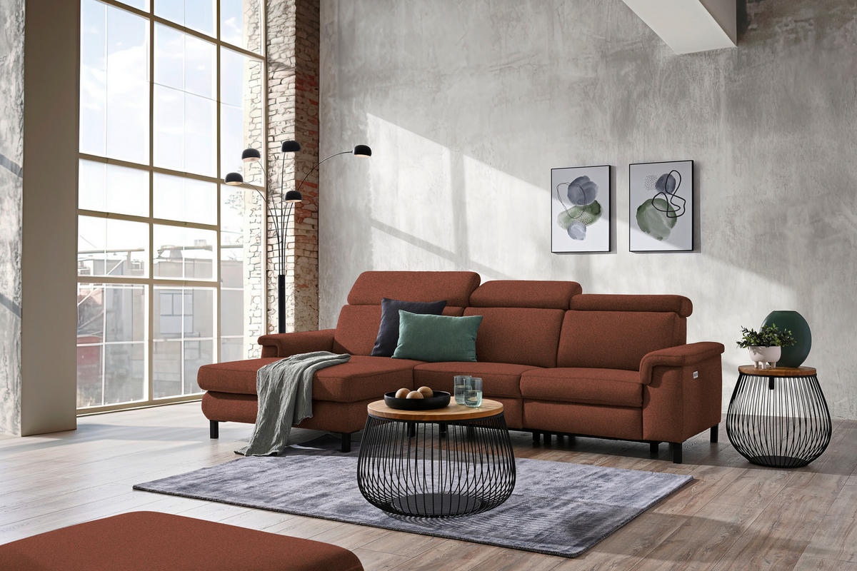 ECKSOFA Rostfarben Flachgewebe Rücken echt, Kopfteilverstellung  - Rostfarben/Schwarz, KONVENTIONELL, Textil/Metall (182/304cm) - Pure Home Comfort