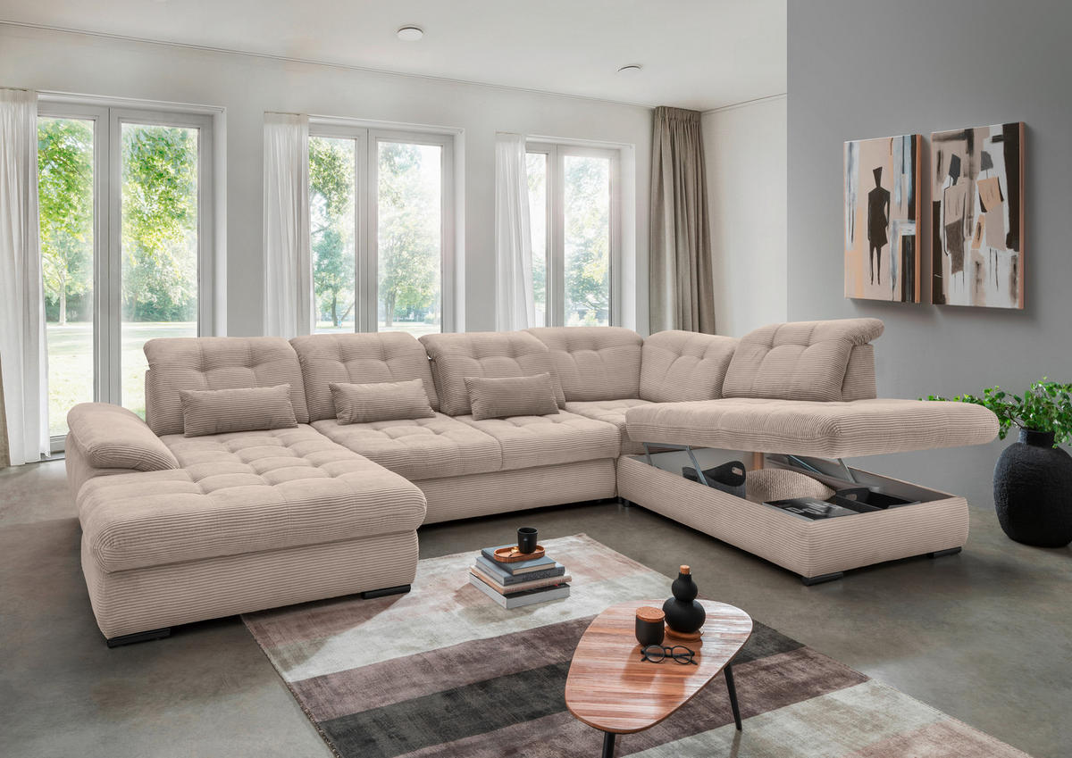 SALON PANORAMIQUE in Cord Beige  - beige/noir, Modern, textile/métal (184/387/252cm) - Livetastic