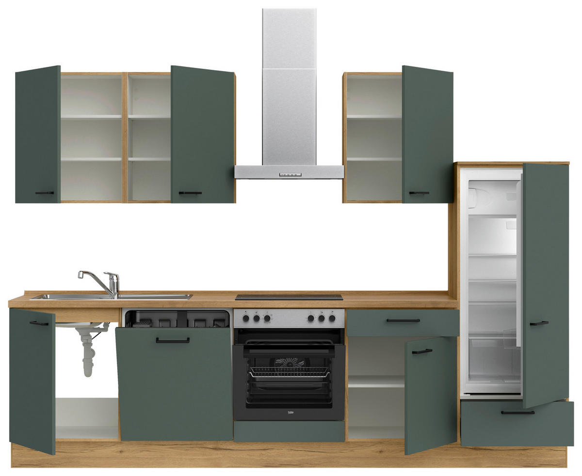 KÜCHENBLOCK Easytouch 300 cm  in Eichefarben, Dunkelgrün  - Dunkelgrün/Eichefarben, MODERN, Holzwerkstoff/Metall (300cm) - Nobilia