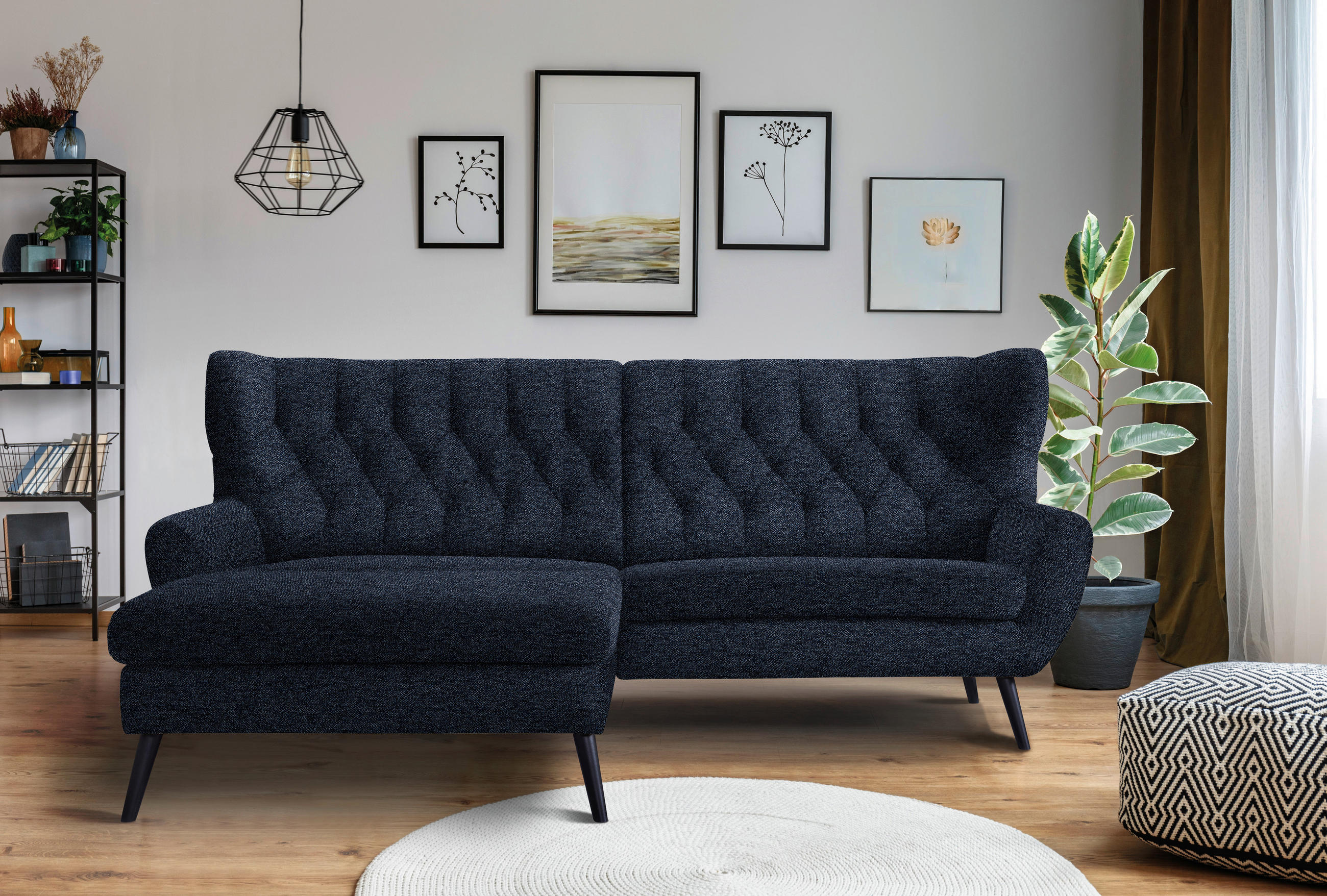 ECKSOFA in Flachgewebe Dunkelblau  - Schwarz/Dunkelblau, Design, Holz/Textil (165/237cm) - Stylife