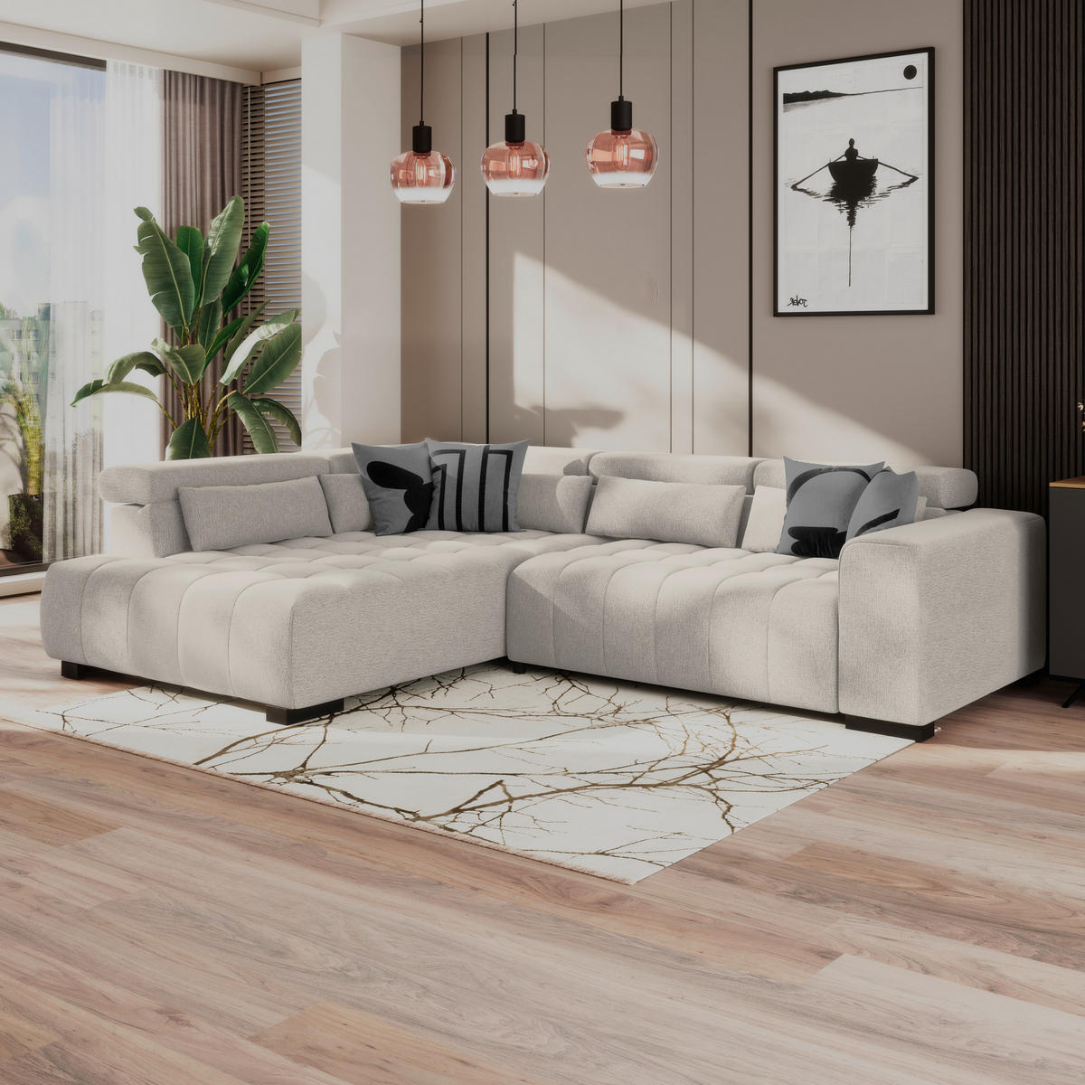 ECKSOFA MATERA Beige Chenille, Struktur Nierenkissen, Kopfteilverstellung, Sitzvorzug  - Beige/Schwarz, Trend, Holz/Textil (226/311cm) - MID.YOU