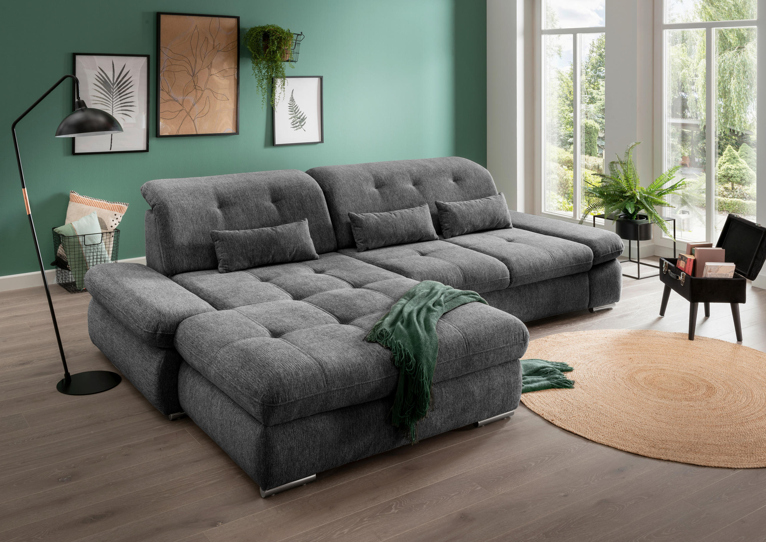 ECKSOFA in Chenille Anthrazit - Chromfarben/Anthrazit, Design, Textil/Metall (196/300cm) - Livetastic