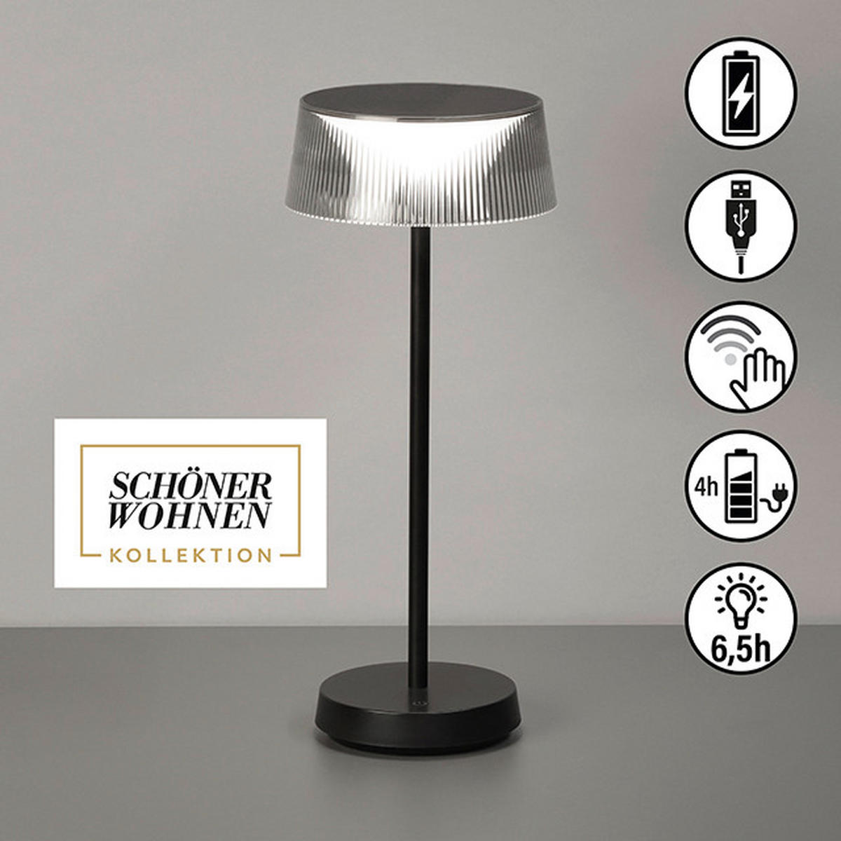 AKKU-TISCHLEUCHTE Torre 15,40/36,5 cm   - Schwarz, Design, Glas/Metall (15,40/36,5cm) - Schöner Wohnen