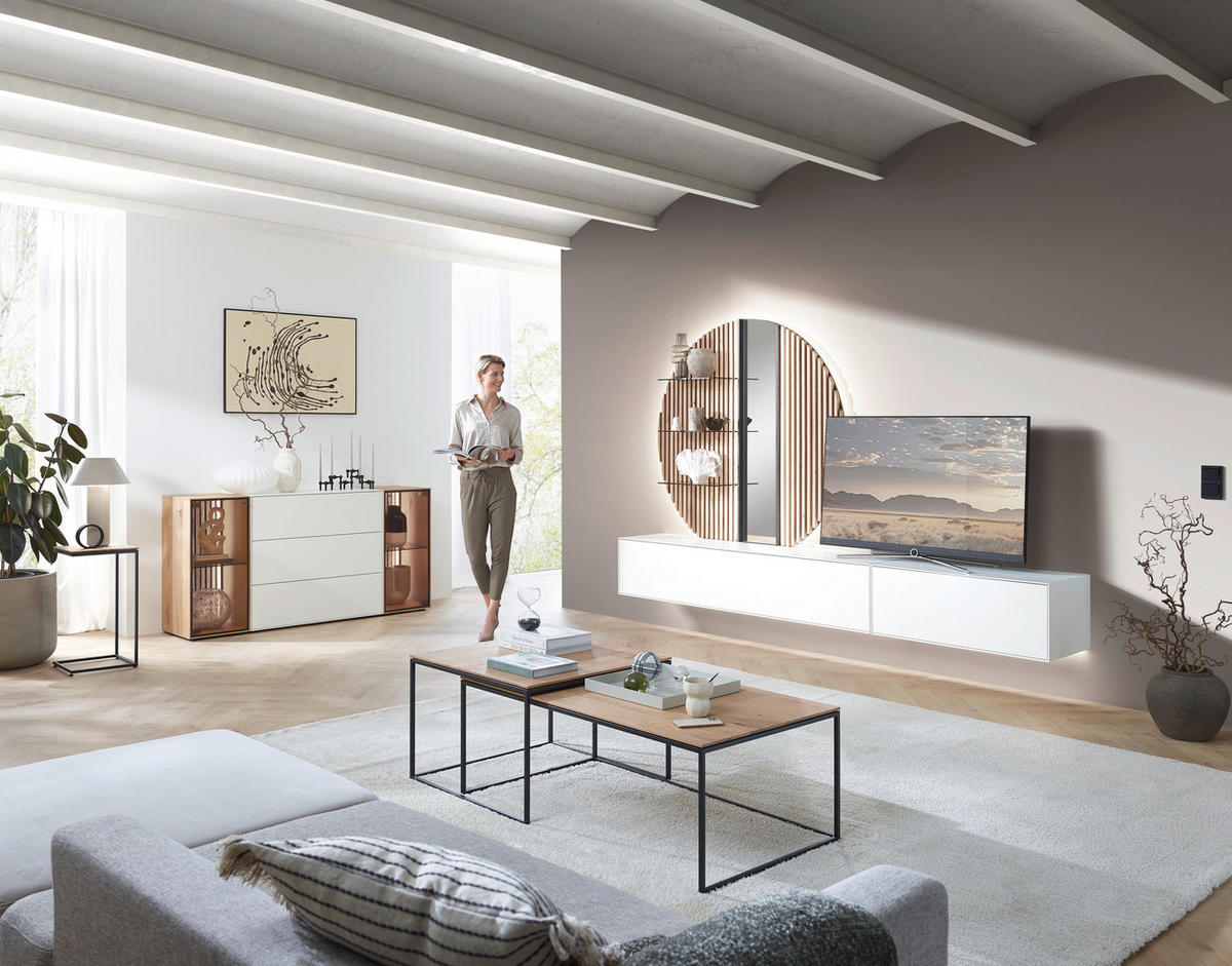 WOHNWAND  in Weiß, Eichefarben  288/206/44 cm  - Eichefarben/Weiß, Design, Glas/Holz (288/206/44cm) - Johann Jakob