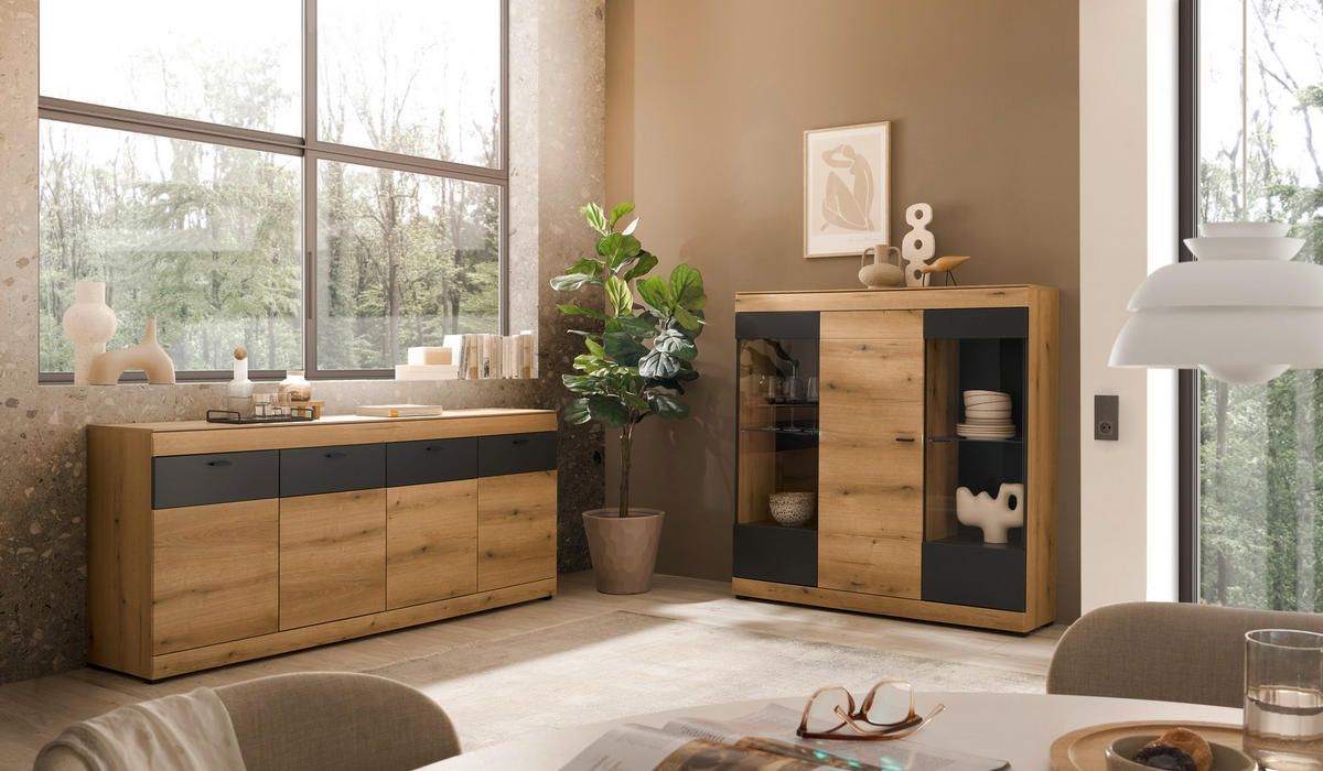 HIGHBOARD , 140/141/35 cm,  - Eichefarben/Schwarz, Design, Glas/Holzwerkstoff (140/141/35cm) - MID.YOU