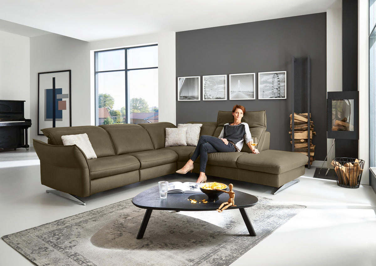 ECKSOFA in Echtleder Mokka  - Edelstahlfarben/Mokka, Design, Leder/Metall (292/258cm) - Hukla