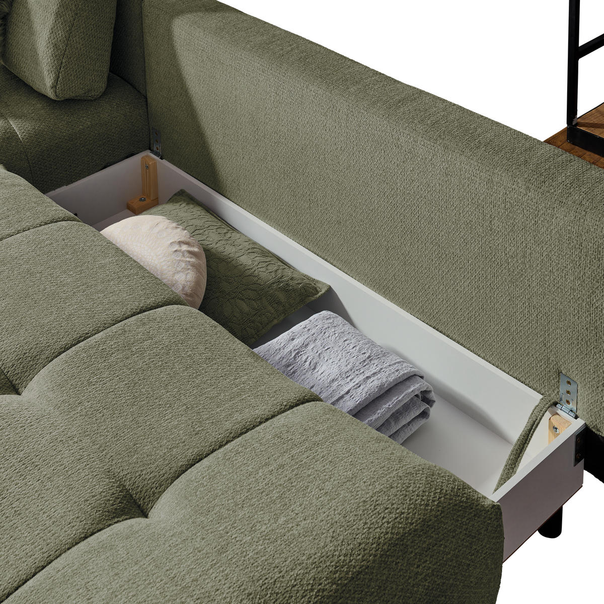 ECKSOFA in Chenille Olivgrün  - Schwarz/Olivgrün, Modern, Textil/Metall (182/290cm) - Hom`in