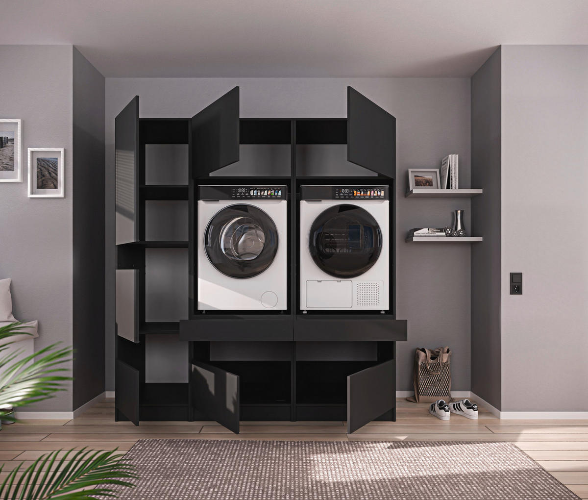 MEHRZWECKSCHRANK 50/200/68 cm  in Anthrazit  - Anthrazit/Schwarz, Design, Holzwerkstoff/Metall (50/200/68cm) - Milino