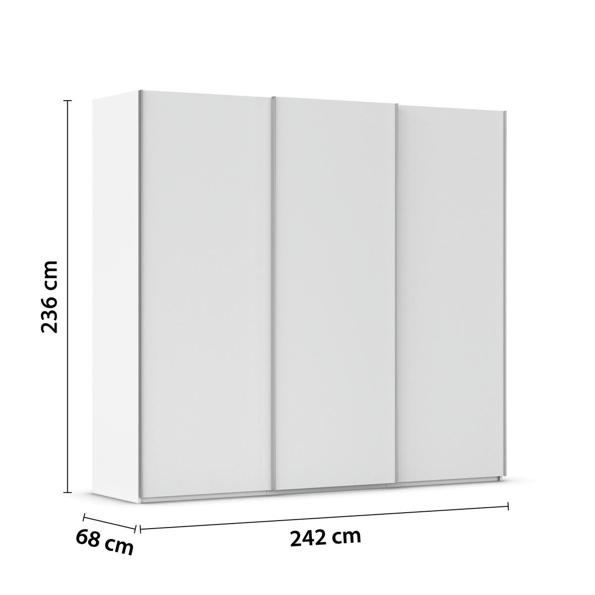 SCHWEBETÜRENSCHRANK 242/236/68 cm 3-türig Weiß, Weiß Hochglanz  - Weiß Hochglanz/Alufarben, Basics, Holzwerkstoff/Metall (242/236/68cm) - Novel
