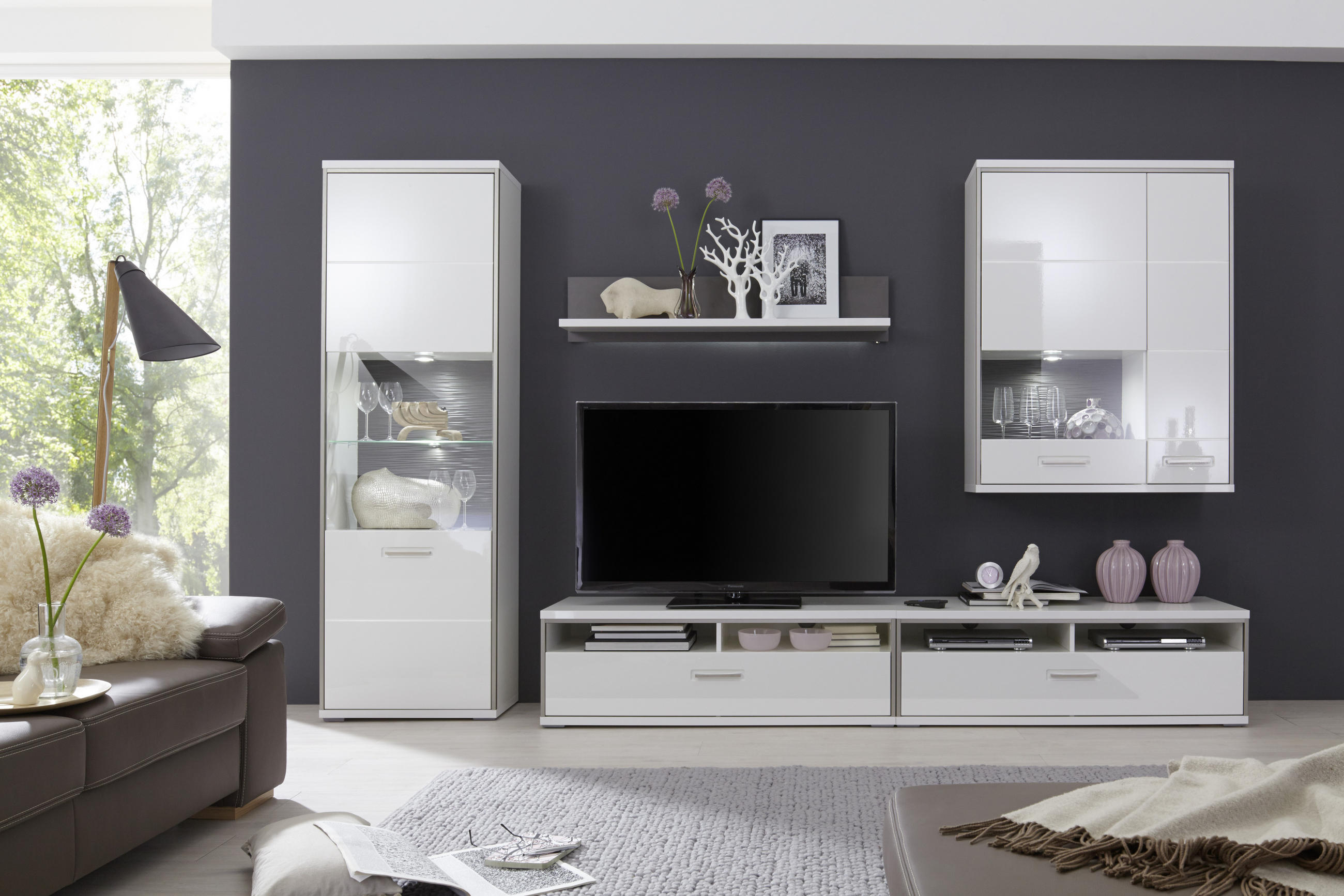 WOHNWAND in Grau, Silberfarben, Weiss 321/201/52 cm - Weiss Hochglanz/Weiss, Design, Glas/Holzwerkstoff (321/201/52cm) - Livetastic