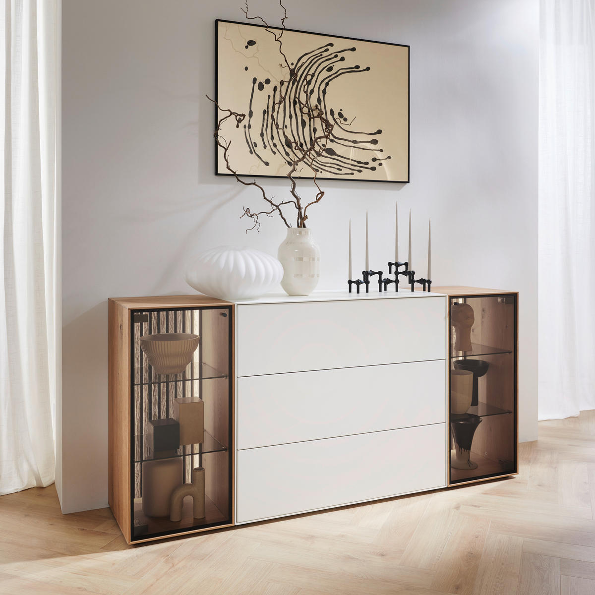SIDEBOARD Weiss, Eichefarben  182/90/44 cm  - Weiss/Eichefarben, Design, Glas/Holz (182/90/44cm) - Johann Jakob