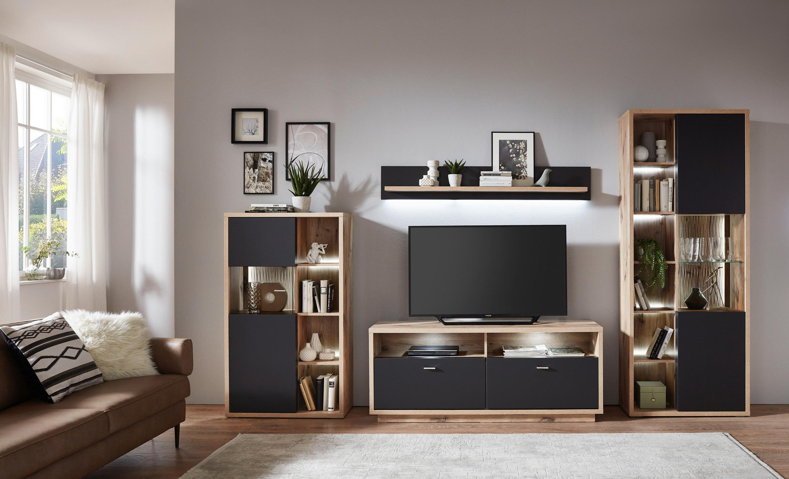 WOHNWAND Eichefarben, Dunkelgrau Einlegeböden - Eichefarben/Dunkelgrau, Design, Glas/Holzwerkstoff (335/206/50cm) - Stylife