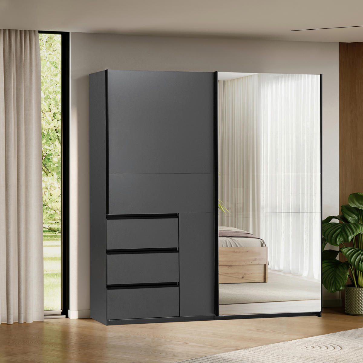 SCHIEBETÜRENSCHRANK 215/205/61,5 cm 2-türig Graphitfarben  - Graphitfarben/Schwarz, MODERN, Holzwerkstoff/Metall (215/205/61,5cm) - MID.YOU