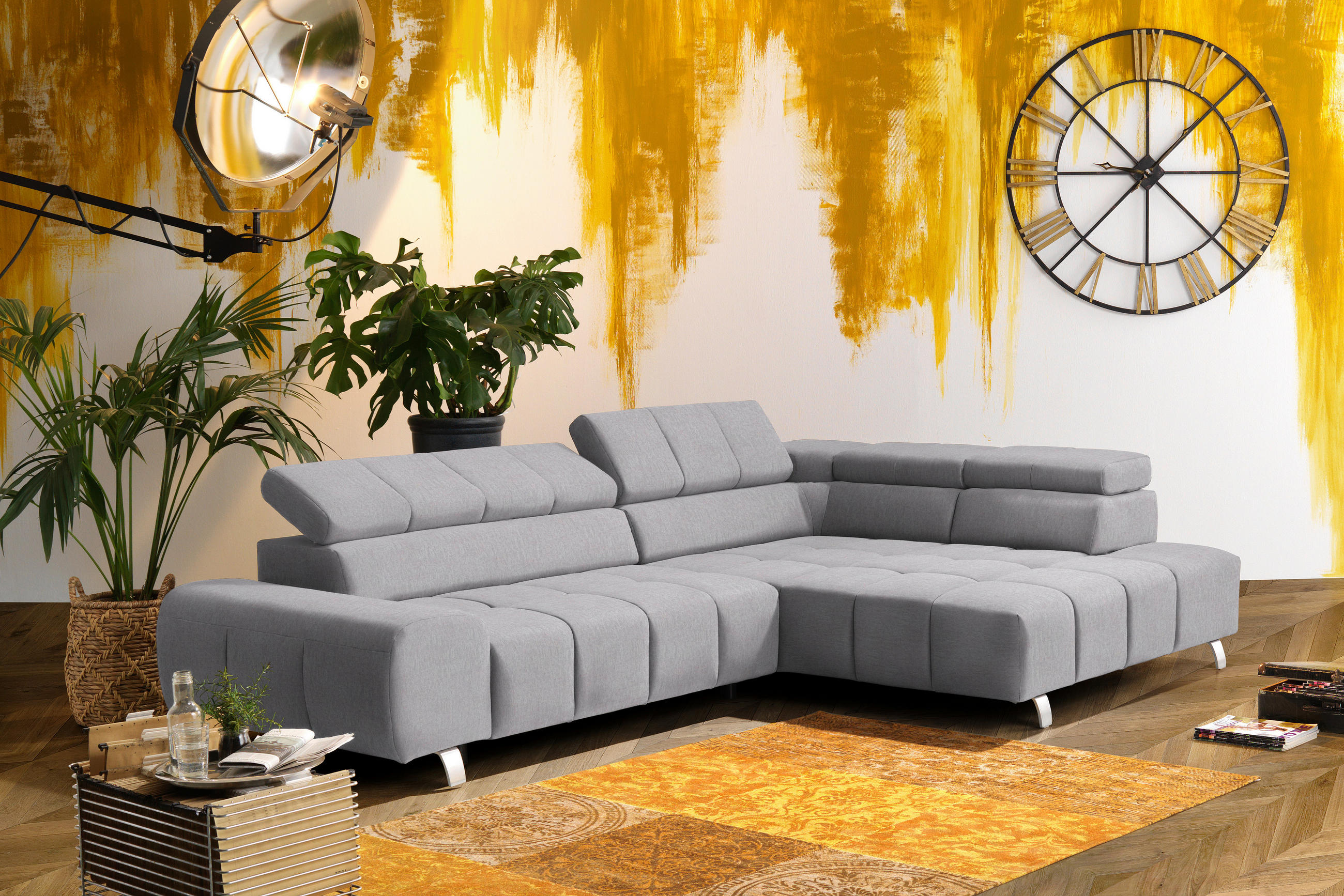 ECKSOFA Hellgrau Webstoff  - Dunkelgrau/Silberfarben, Design, Textil/Metall (295/201cm) - Hom`in