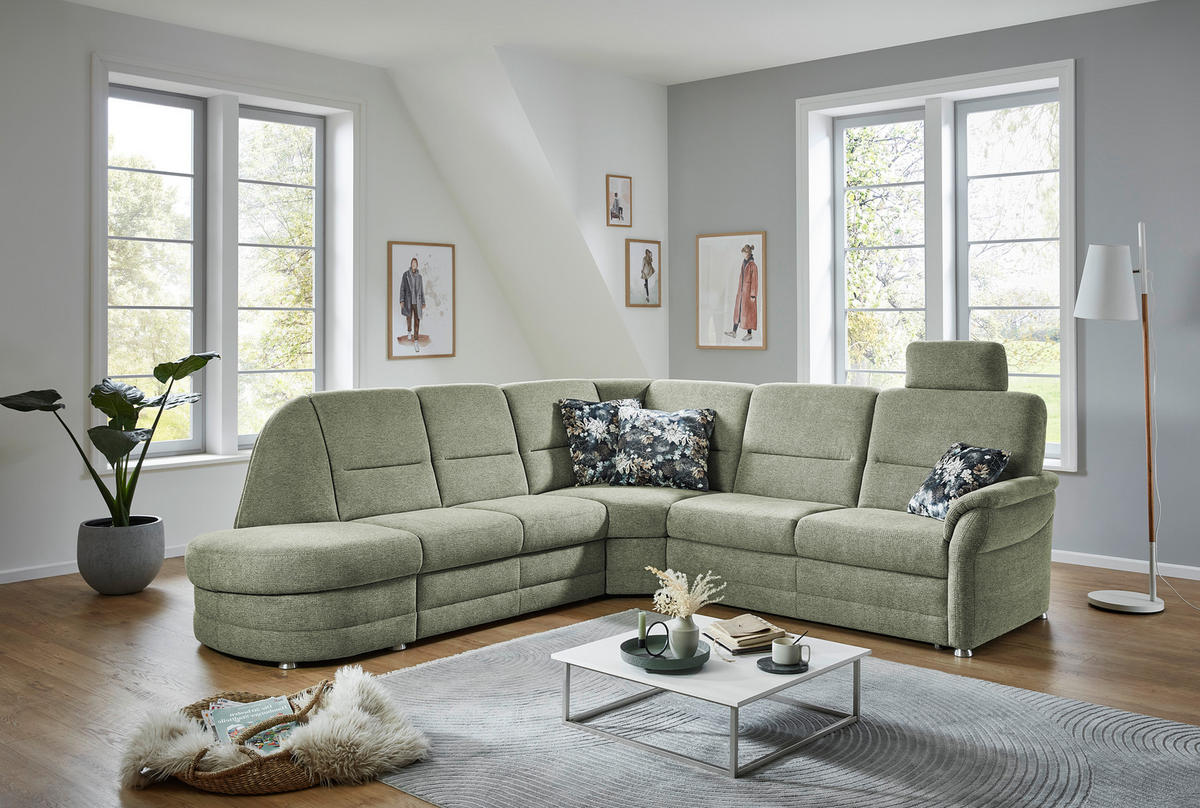 ECKSOFA  in Makramee Grün  - Alufarben/Grün, KONVENTIONELL, Textil/Metall (273/253cm) - Beldomo Comfort