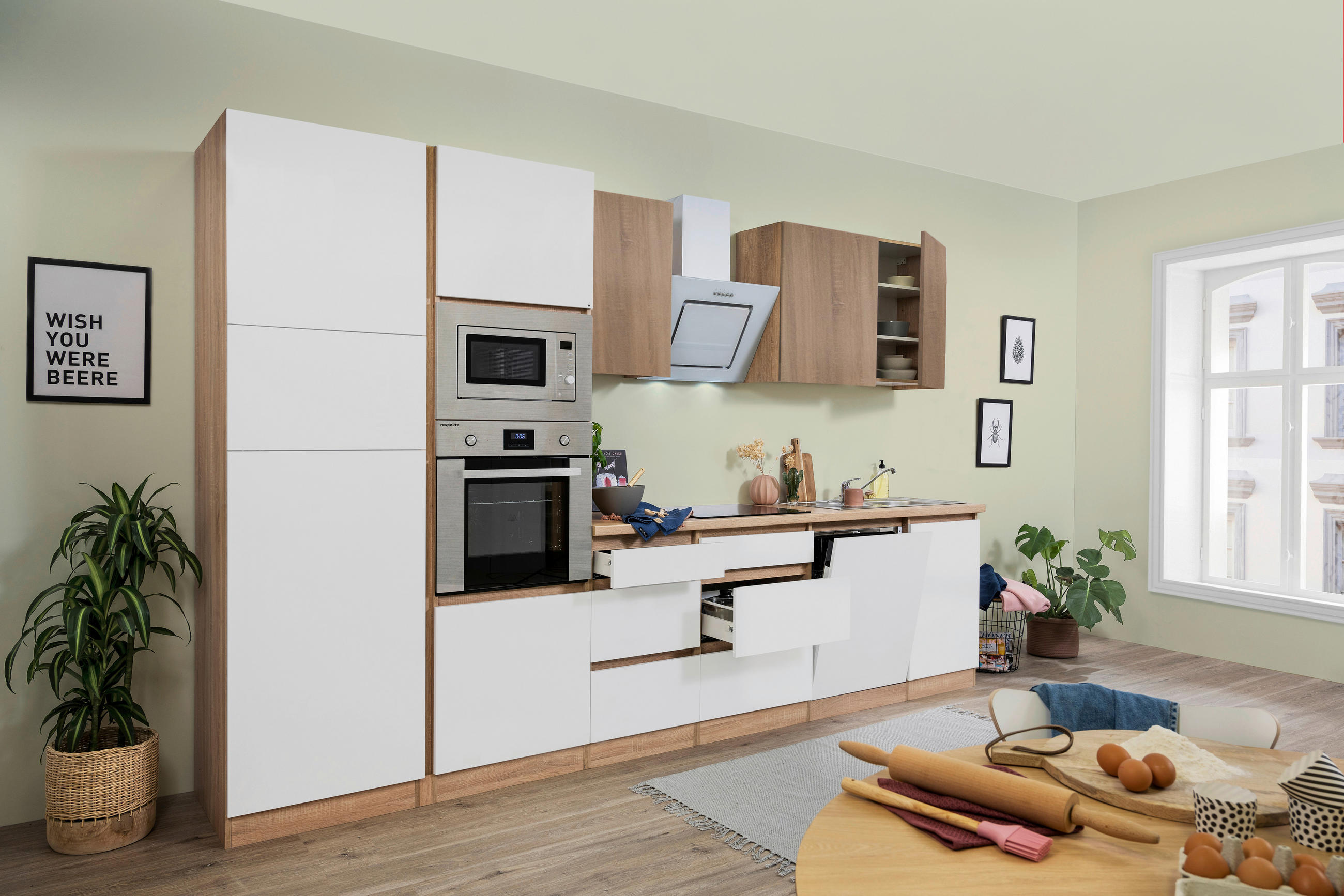 Küchenzeile Premium mit Geräten 345 cm Weiß/Eiche Dekor