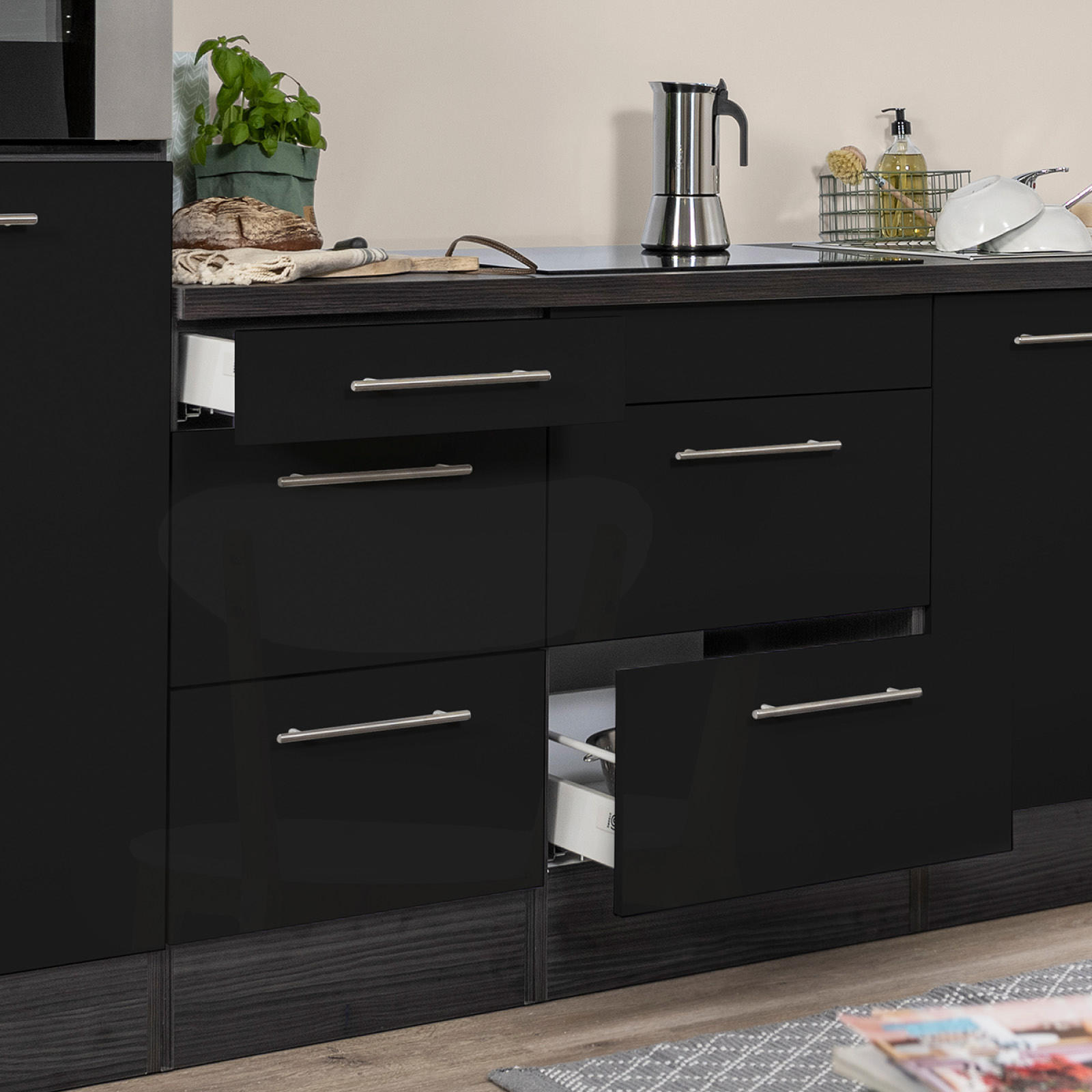KÜCHENBLOCK 270 cm   in Schwarz, Eichefarben  - Edelstahlfarben/Eichefarben, Basics, Holzwerkstoff/Metall (270cm) - Respekta