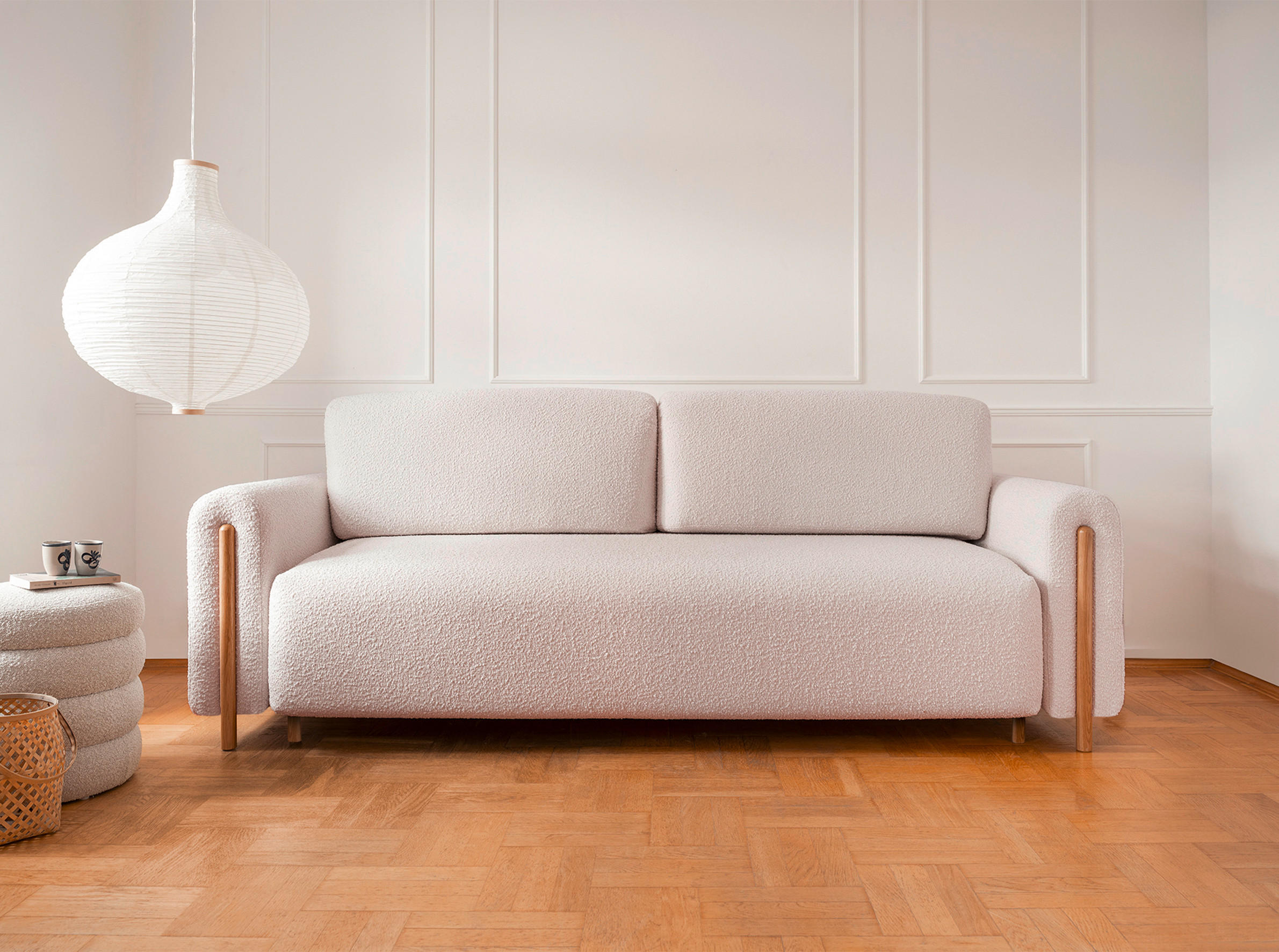 SCHLAFSOFA in Bouclé Naturfarben, Beige  - Eichefarben/Beige, Design, Holz/Textil (244/97/97cm) - MID.YOU