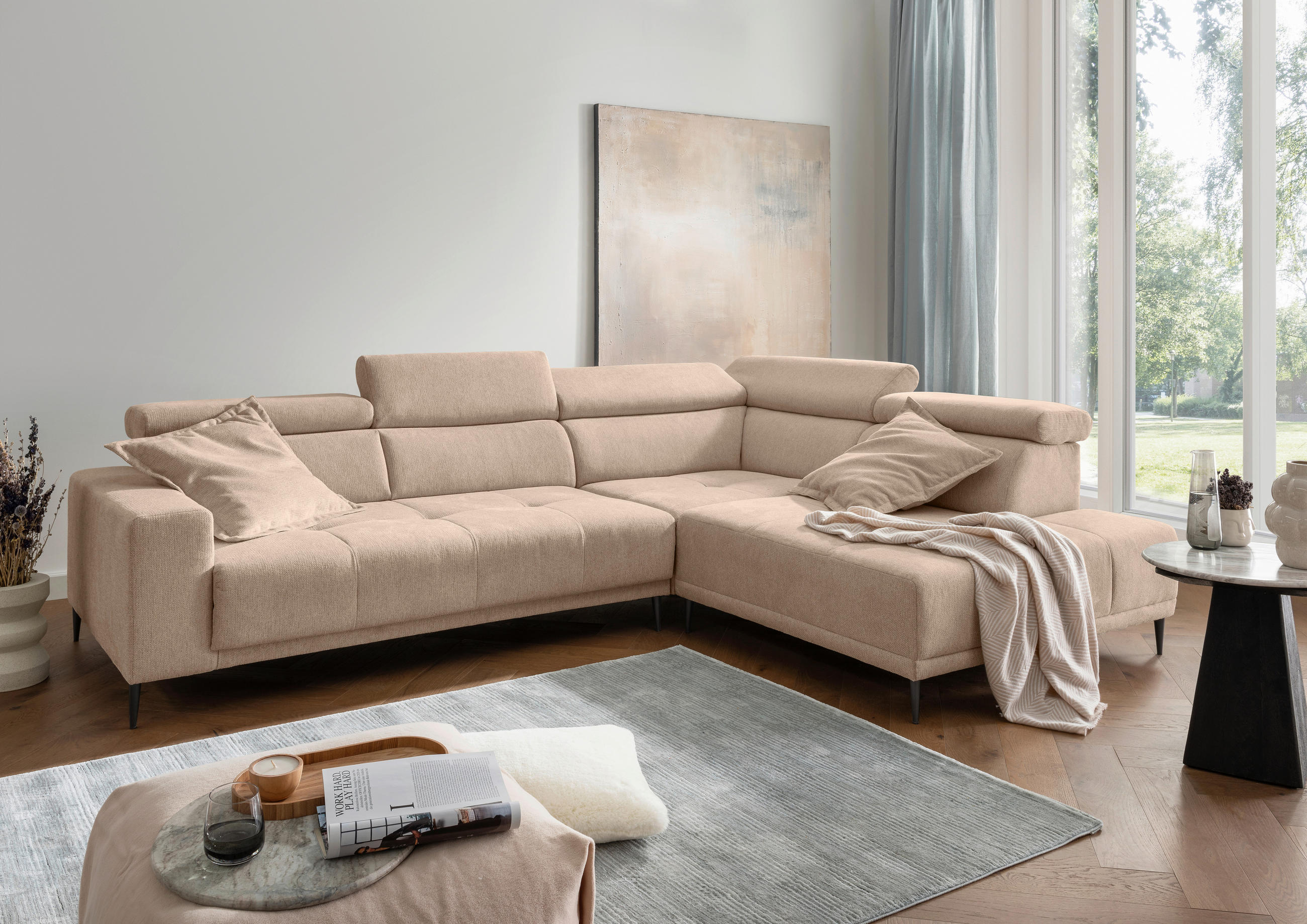 ECKSOFA INTERA Hellbraun Struktur Kopfteilverstellung, Sitzvorzug  - Hellbraun/Schwarz, KONVENTIONELL, Textil/Metall (305/225cm) - Livetastic