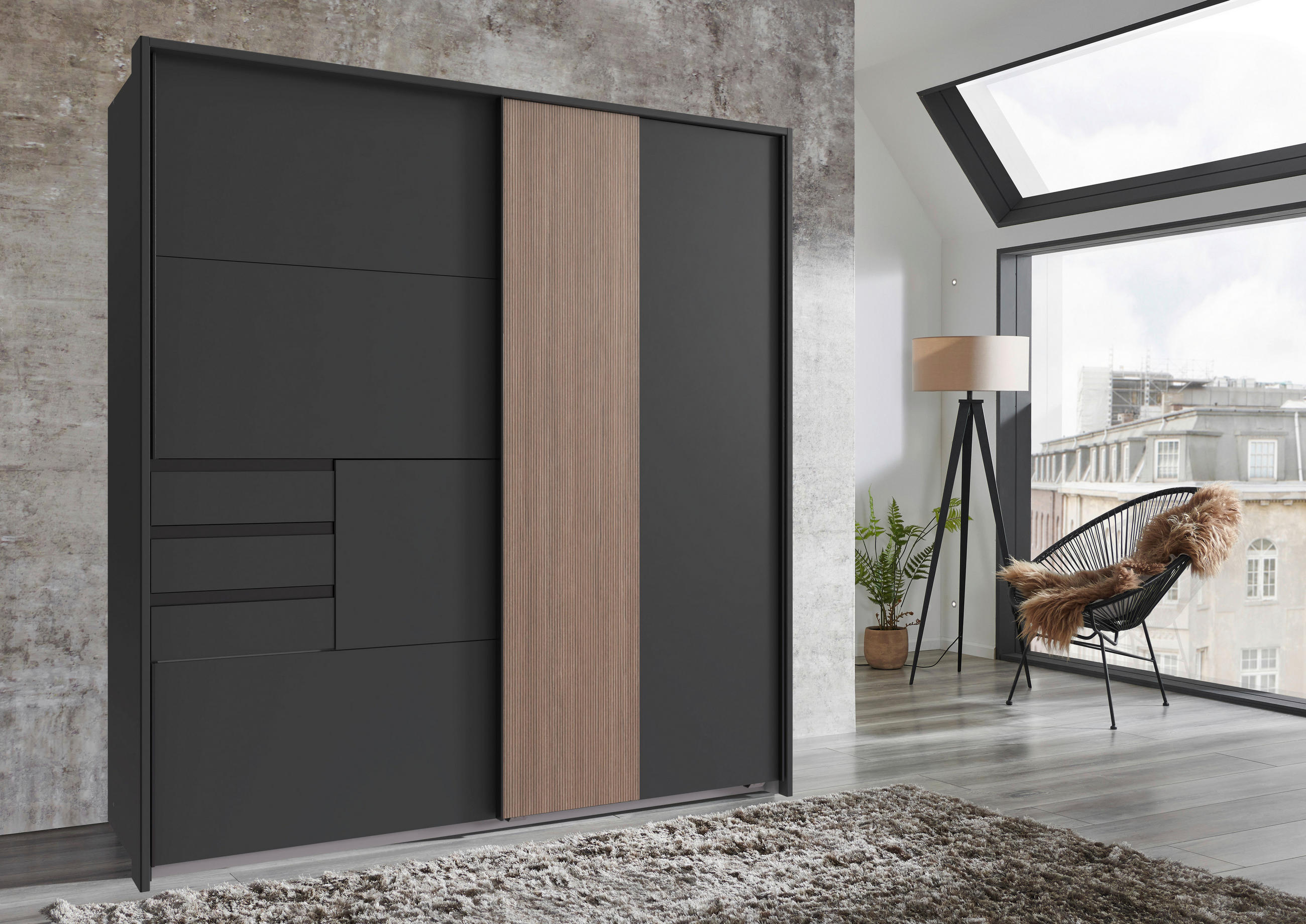 SCHWEBETÜRENSCHRANK in Braun, Graphitfarben  - Schwarz/Graphitfarben, Trend, Holzwerkstoff/Metall (180/198/65cm) - Carryhome