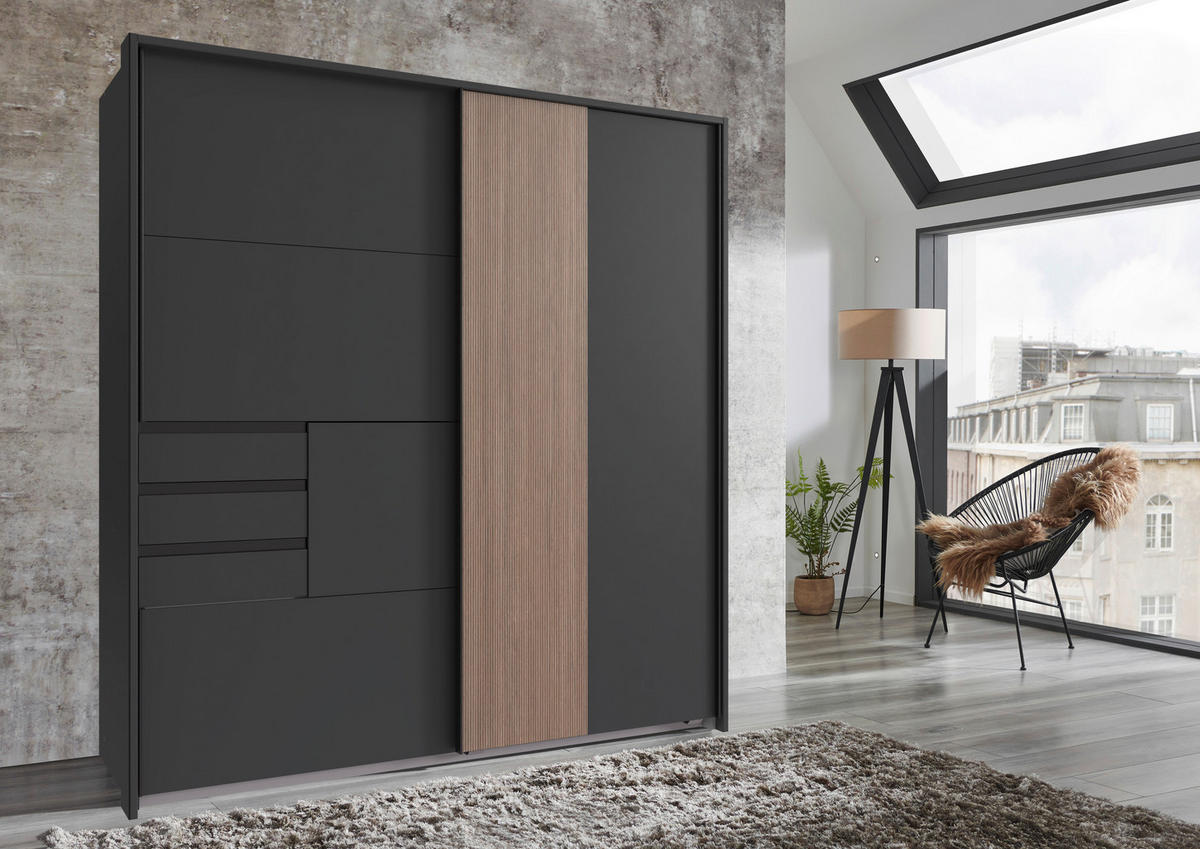 SCHWEBETÜRENSCHRANK  in Graphitfarben, Braun  - Schwarz/Graphitfarben, Trend, Holzwerkstoff/Metall (180/198/65cm) - Carryhome