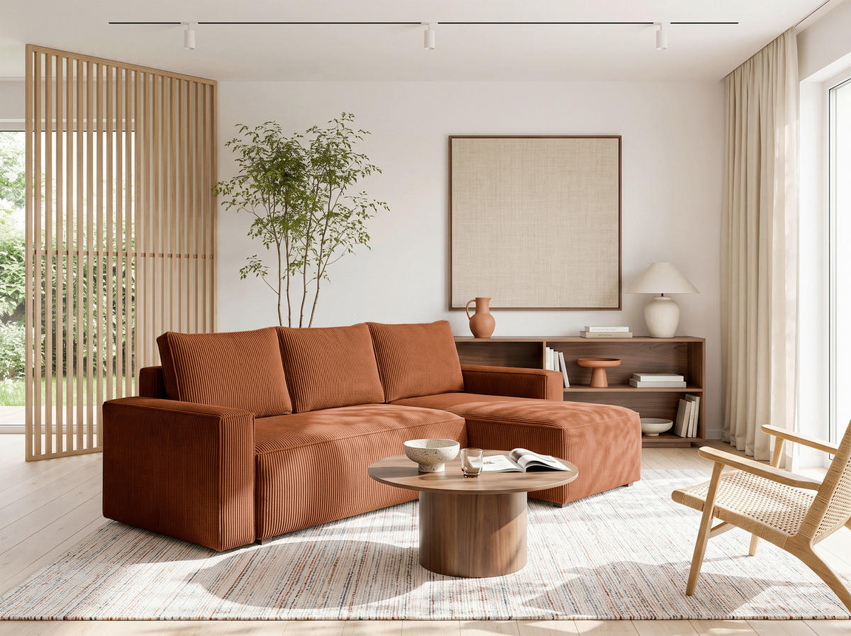 ECKSOFA Rostfarben Cord Rückenkissen, Bettkasten, Schlaffunktion, Rücken echt, Liegefläche im Originalstoff  - Rostfarben/Schwarz, MODERN, Kunststoff/Textil (232/140cm) - Xora
