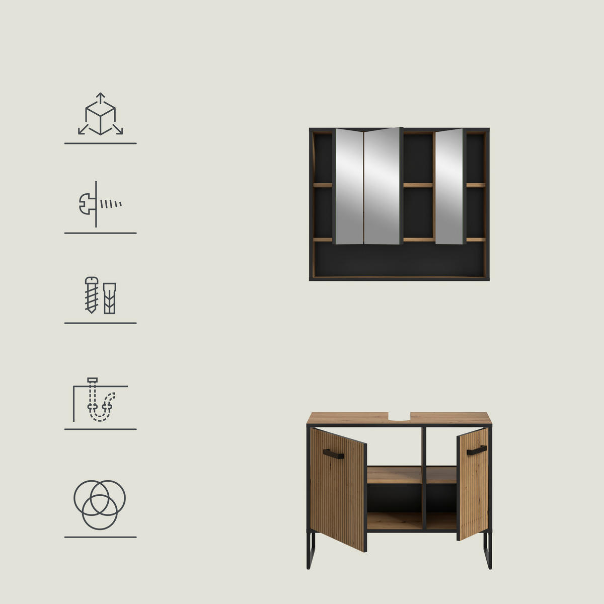 BADRUM 80 cm  - svart/ek Artisan, Trend, metall/trämaterial (80cm) - MID.YOU