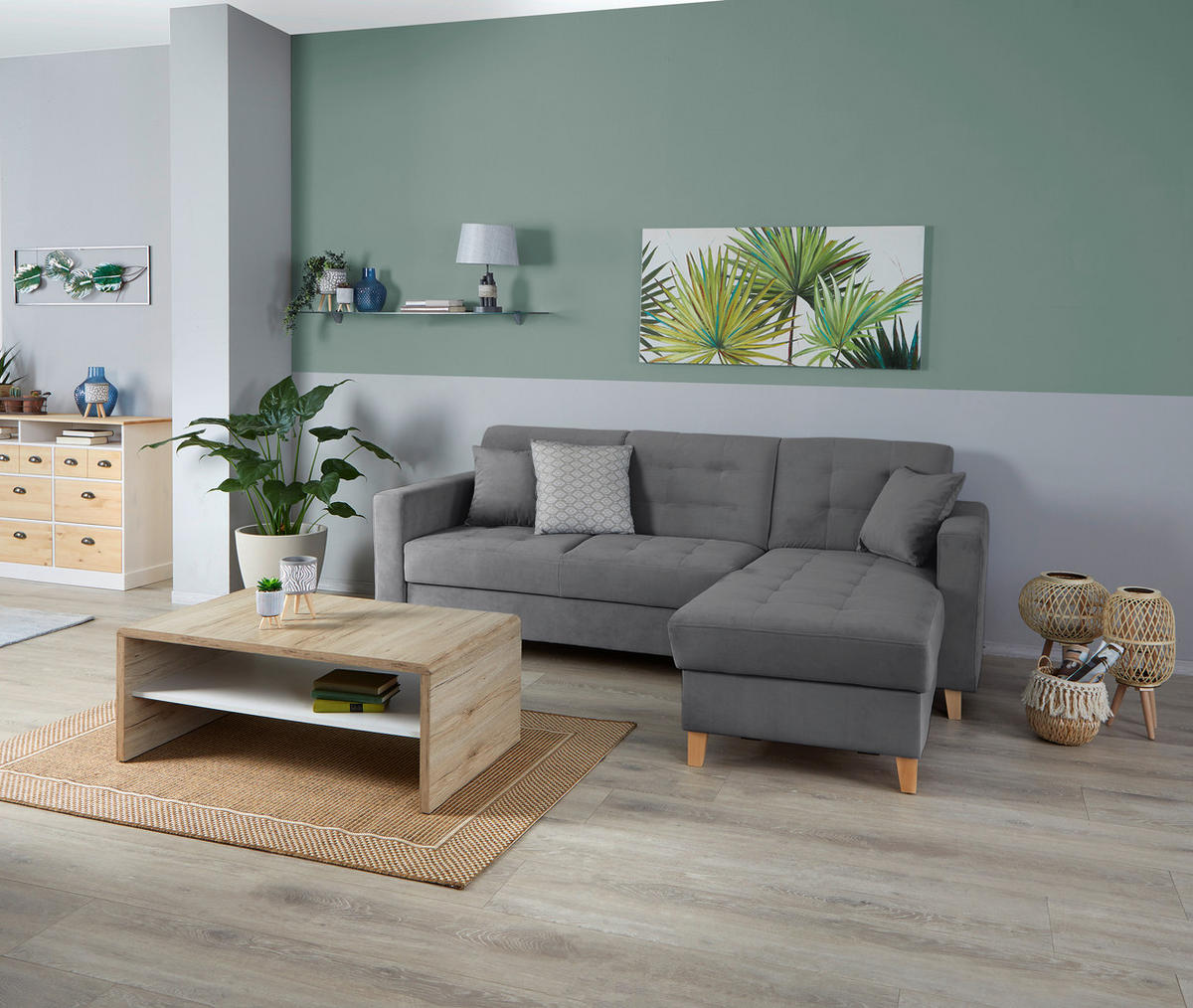 ECKSOFA Samt Dunkelgrau  - Dunkelgrau/Naturfarben, Design, Holz/Textil (231/160cm) - Livetastic