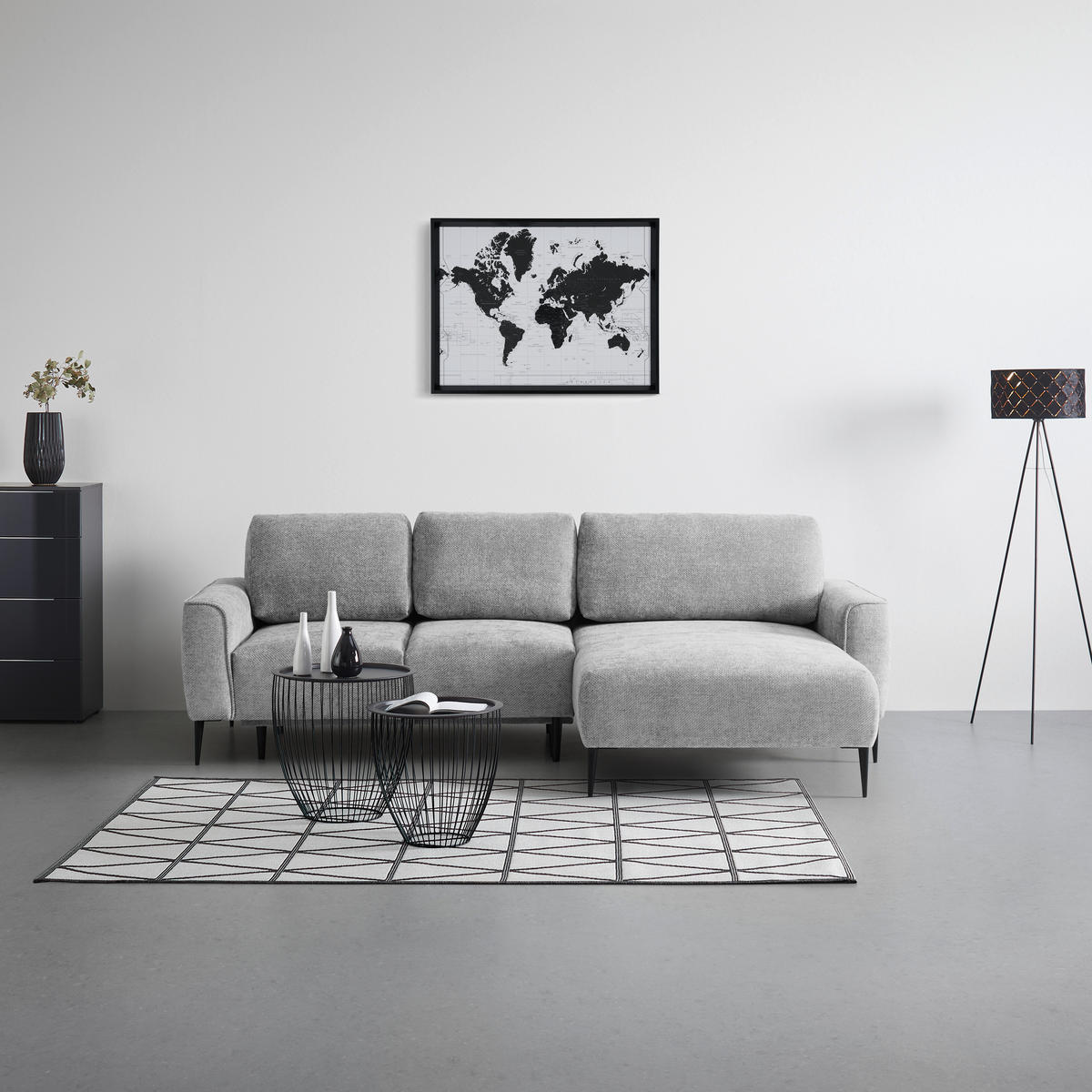 ECKSOFA in Webstoff Hellgrau  - Hellgrau/Schwarz, Modern, Textil/Metall (255/164cm) - MID.YOU