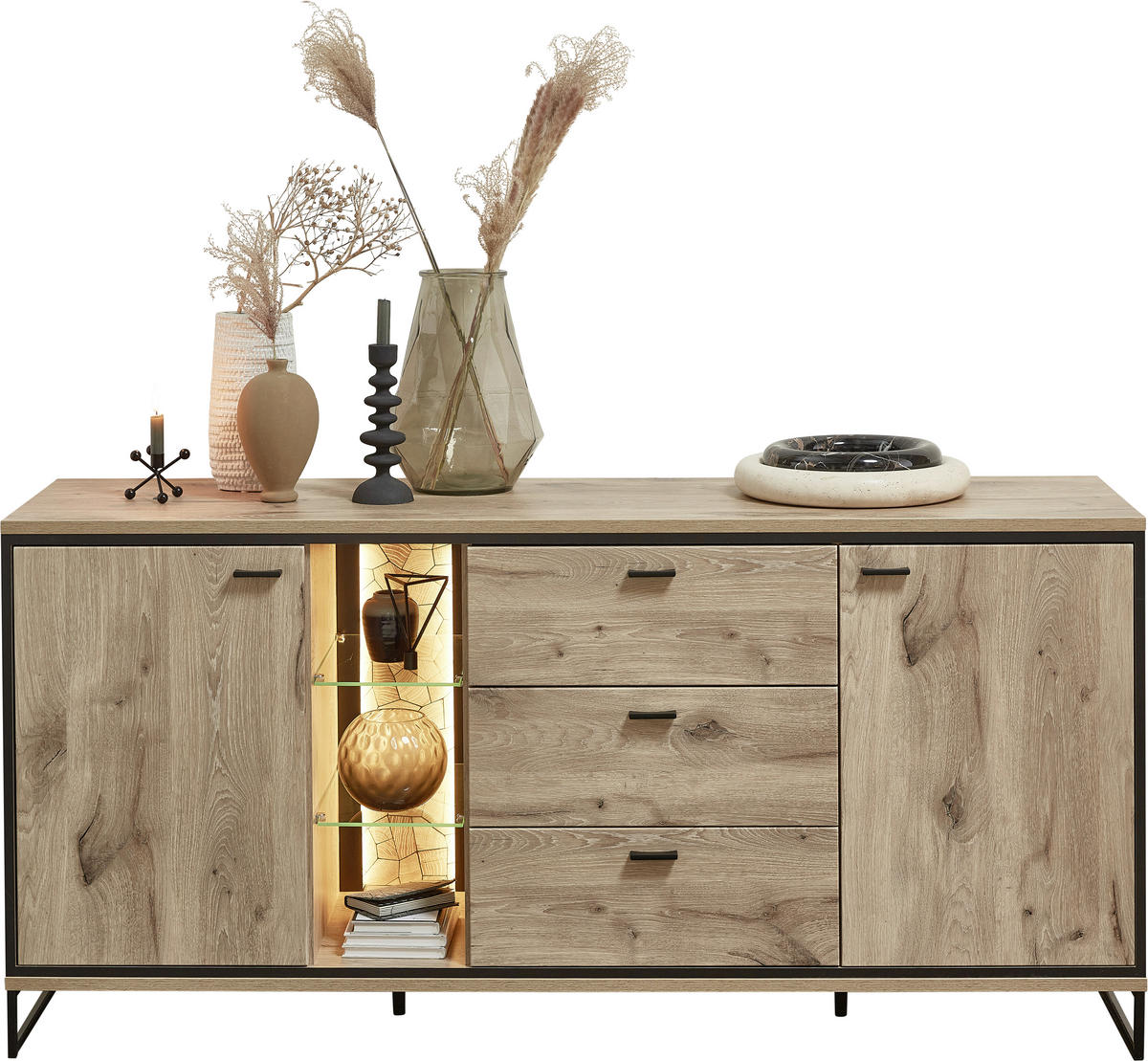 SIDEBOARD  in 180/86/49 cm  - Eichefarben/Schwarz, KONVENTIONELL, Glas/Holzwerkstoff (180/86/49cm) - Livetastic
