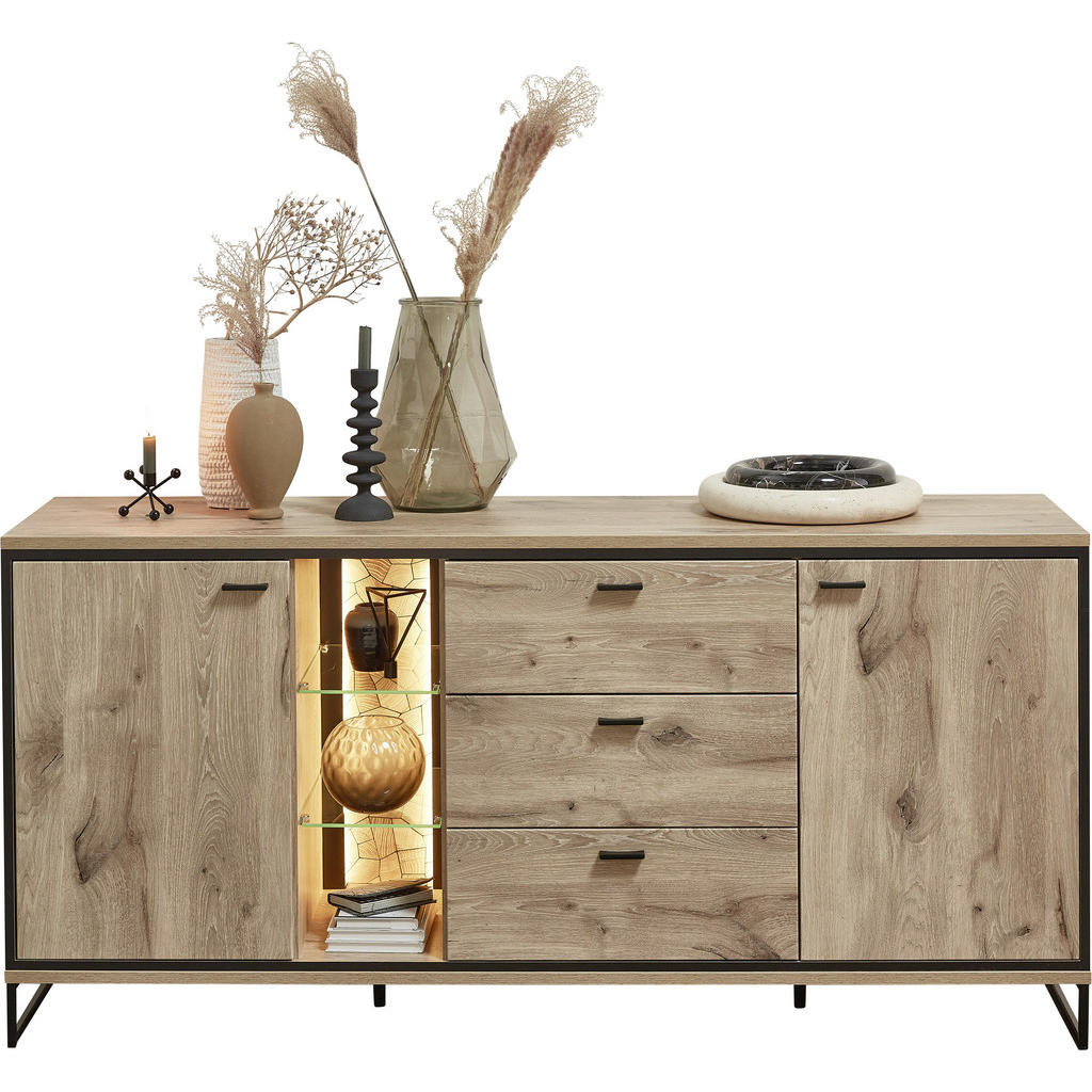 Thumbnail - Livetastic Sideboard, Schwarz, Eiche, Metall, Mosaik, 6 Fächer, 3 Schubladen, 180x86x49 cm, Made in EU, Typenauswahl, Wo...